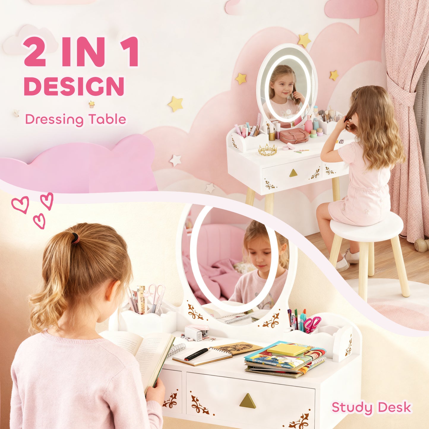 AIYAPLAY Kids Vanity Table And Chair Set With 3 Color LED Lights Mirror And Storage Drawers For Ages 3 And Up White