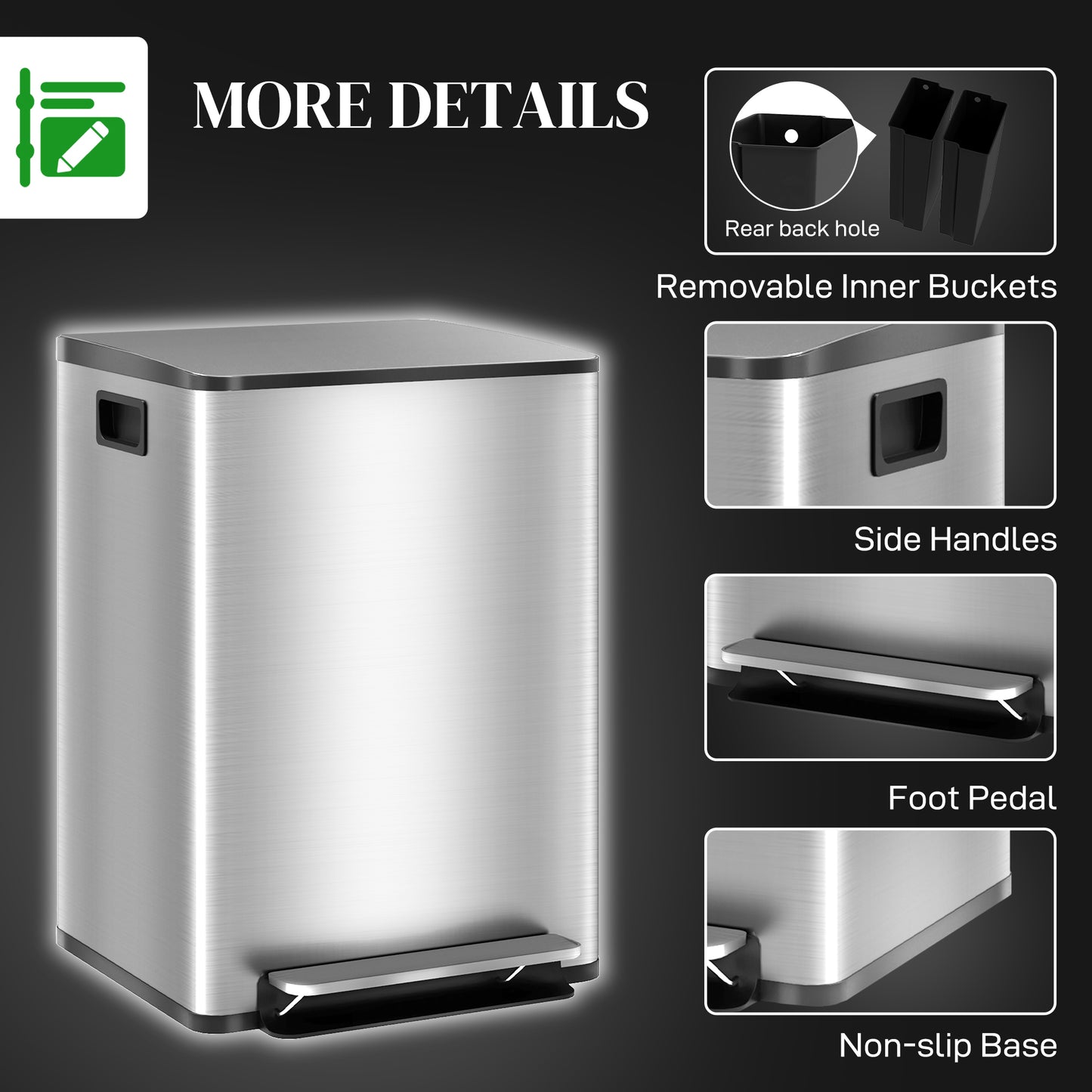 HOMCOM 40L Dual Compartment Stainless Steel Bin With Deodoriser Holders Silver Tone