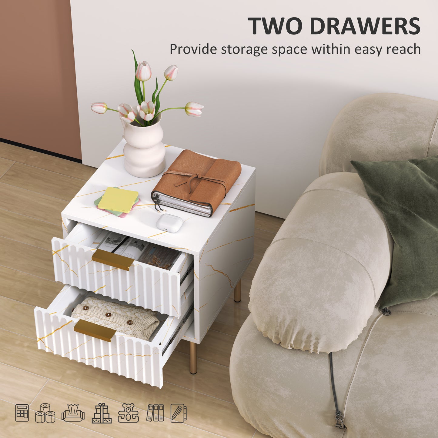 HOMCOM Marble Pattern Two Drawer Bedside Table in White With Fluted Drawers and Gold Accents