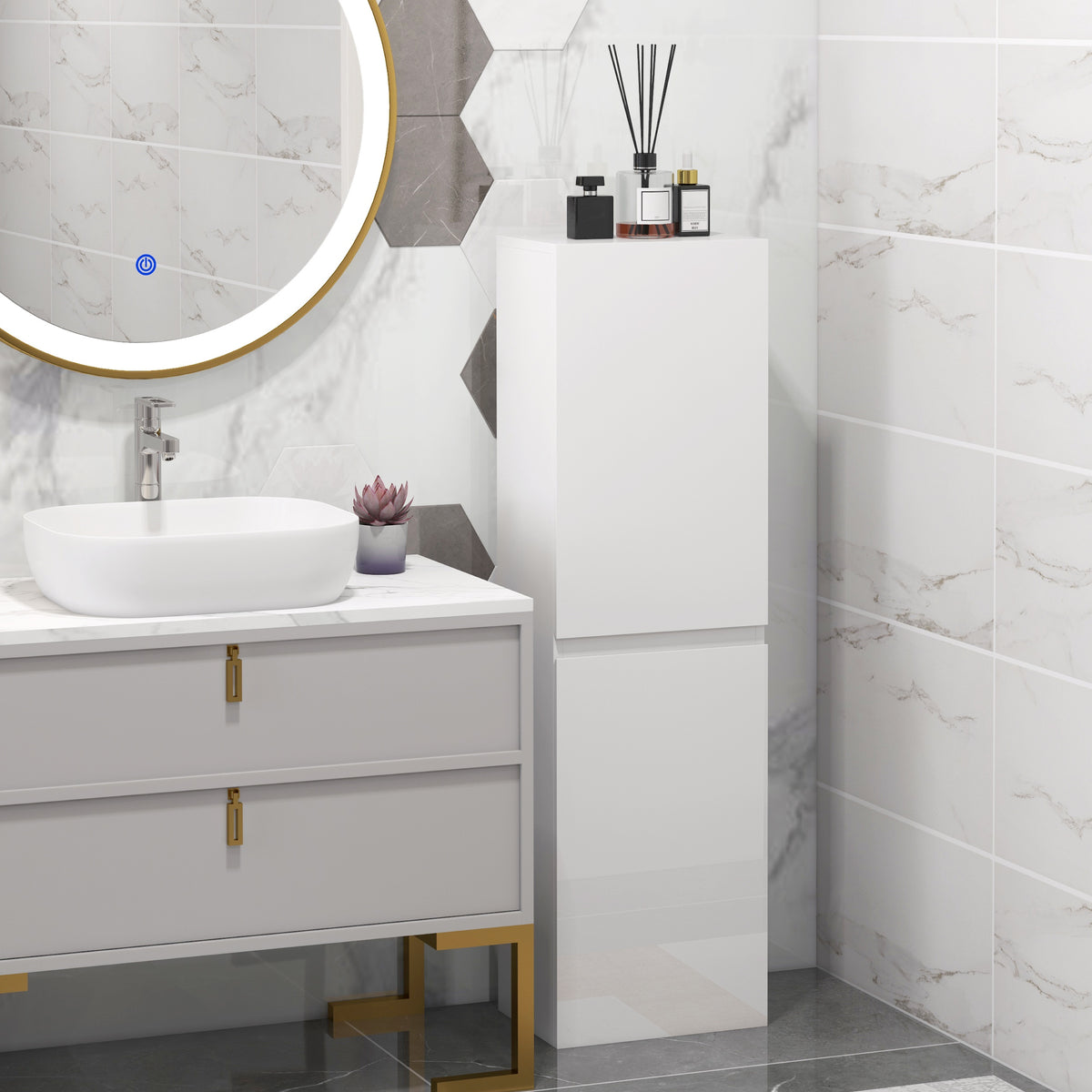 Tall white bathroom cabinet with 2 doors and glossy finish, corner placement