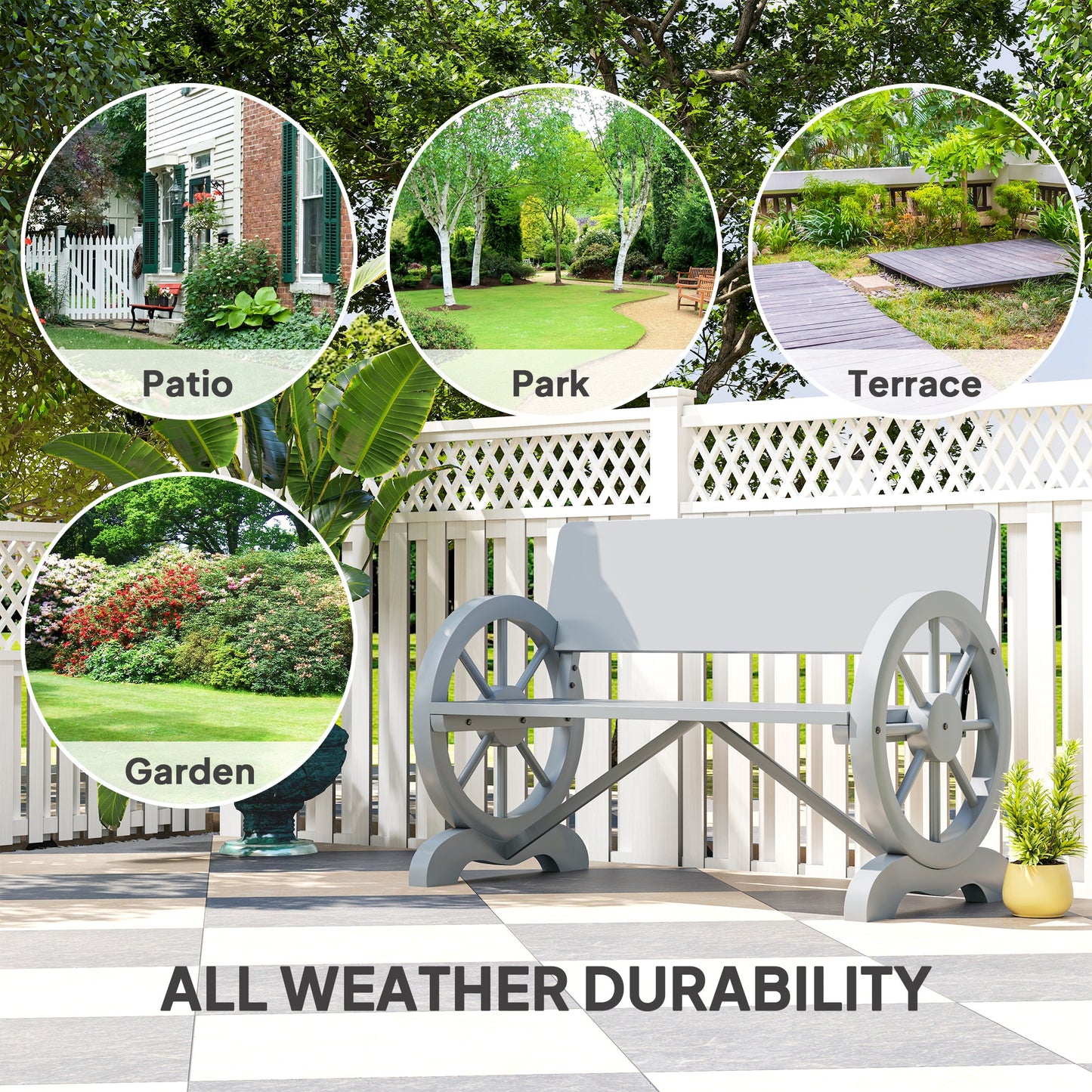 Outsunny Fir Wood Two Seater Outdoor Garden Bench With Wagon Wheel End Designs Grey Patio Furniture