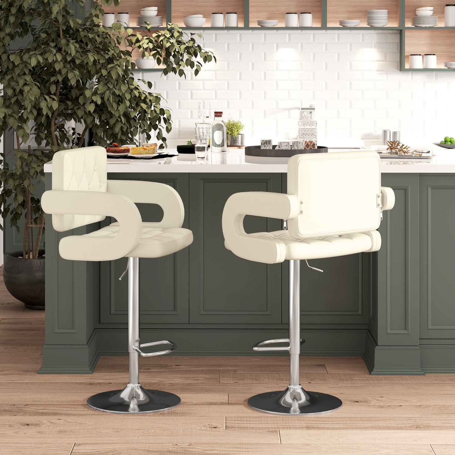 Set of 2 white upholstered swivel bar stools with armrests and chrome pedestal bases
