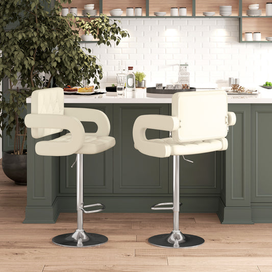 Upholstered Swivel Bar Stool Set of 2 Height Adjustable Back Armrest Footrest Chrome Base PU Upholstery White