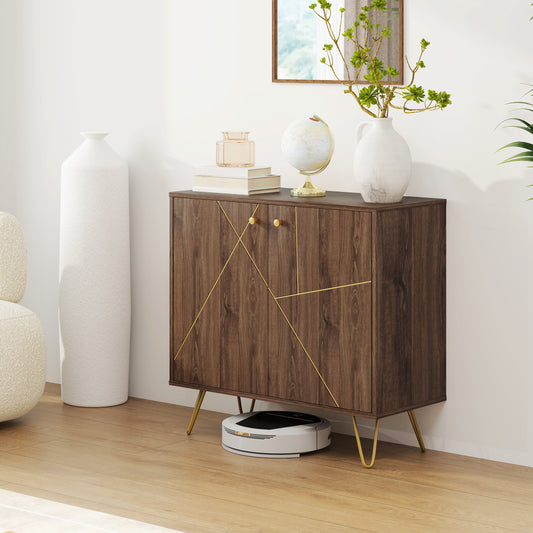 HOMCOM Modern Luxury Sideboard Cabinet With Golden Lines, Adjustable Shelf, Steel Harpin Legs, Brown