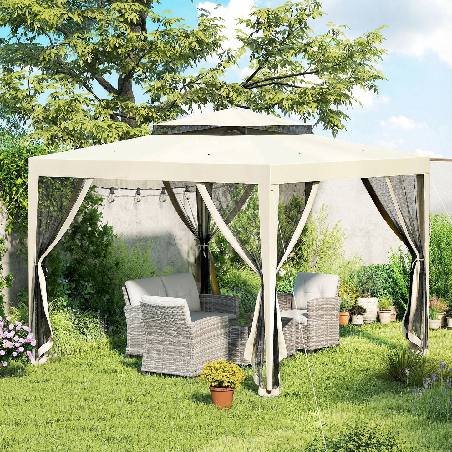 Outsunny 3 X 3 M Gazebo With Netting Party Tent And Double Tier Roof Beige Outdoor Event Shelter