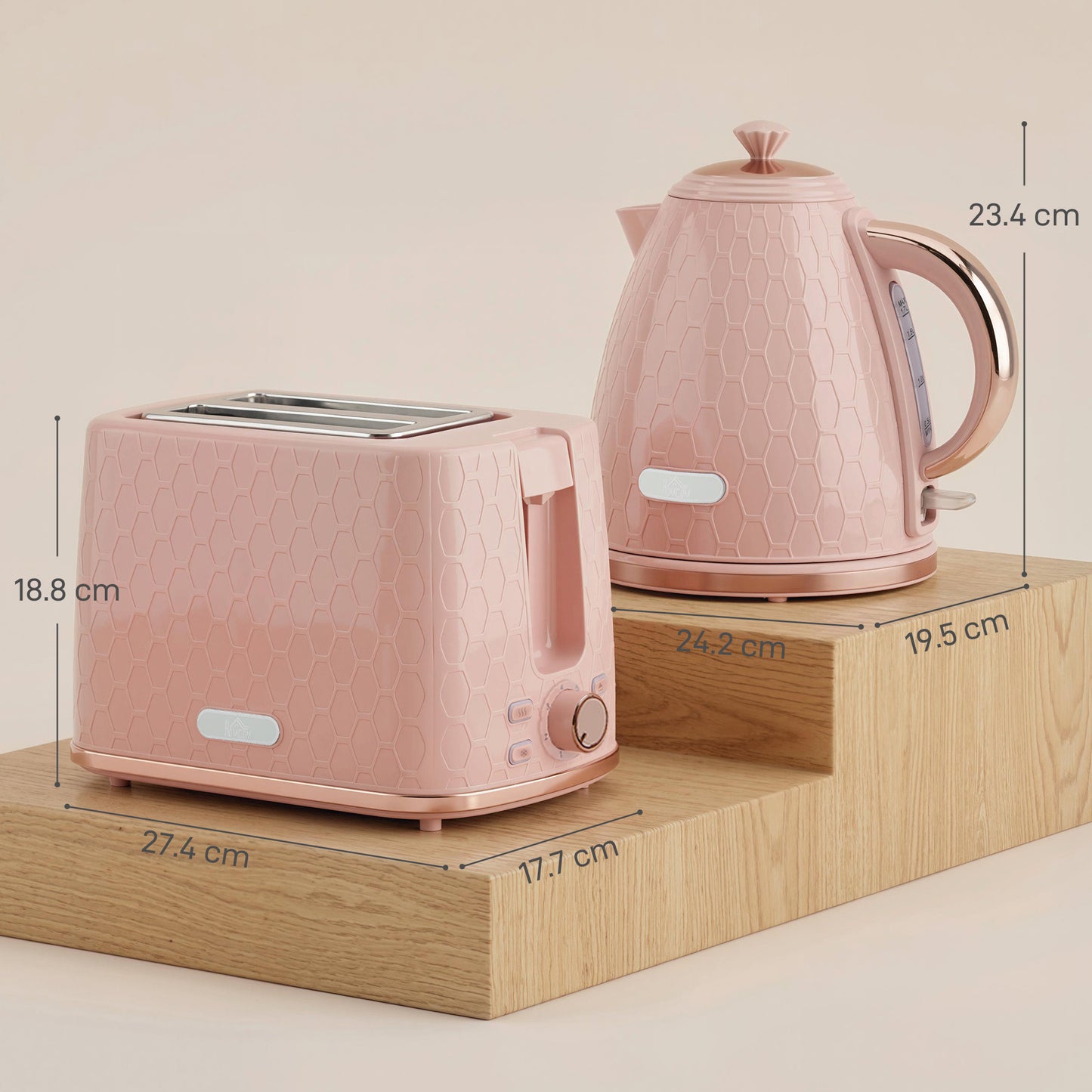 HOMCOM 1.7L 3000W Fast Boil Kettle And 2 Slice Toaster Set With Auto Shut Off Browning Controls Honeycomb Light Pink