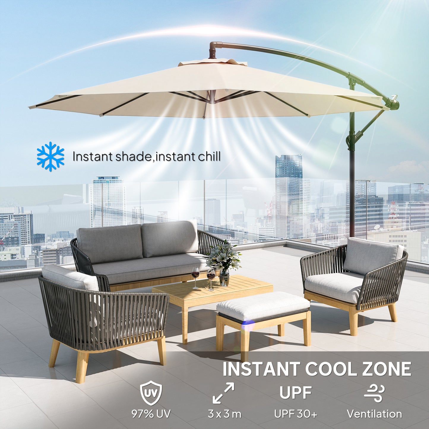 Outsunny 3 m Overhanging Cantilever Parasol With Cross Base Cream White UV Resistant Patio Umbrella