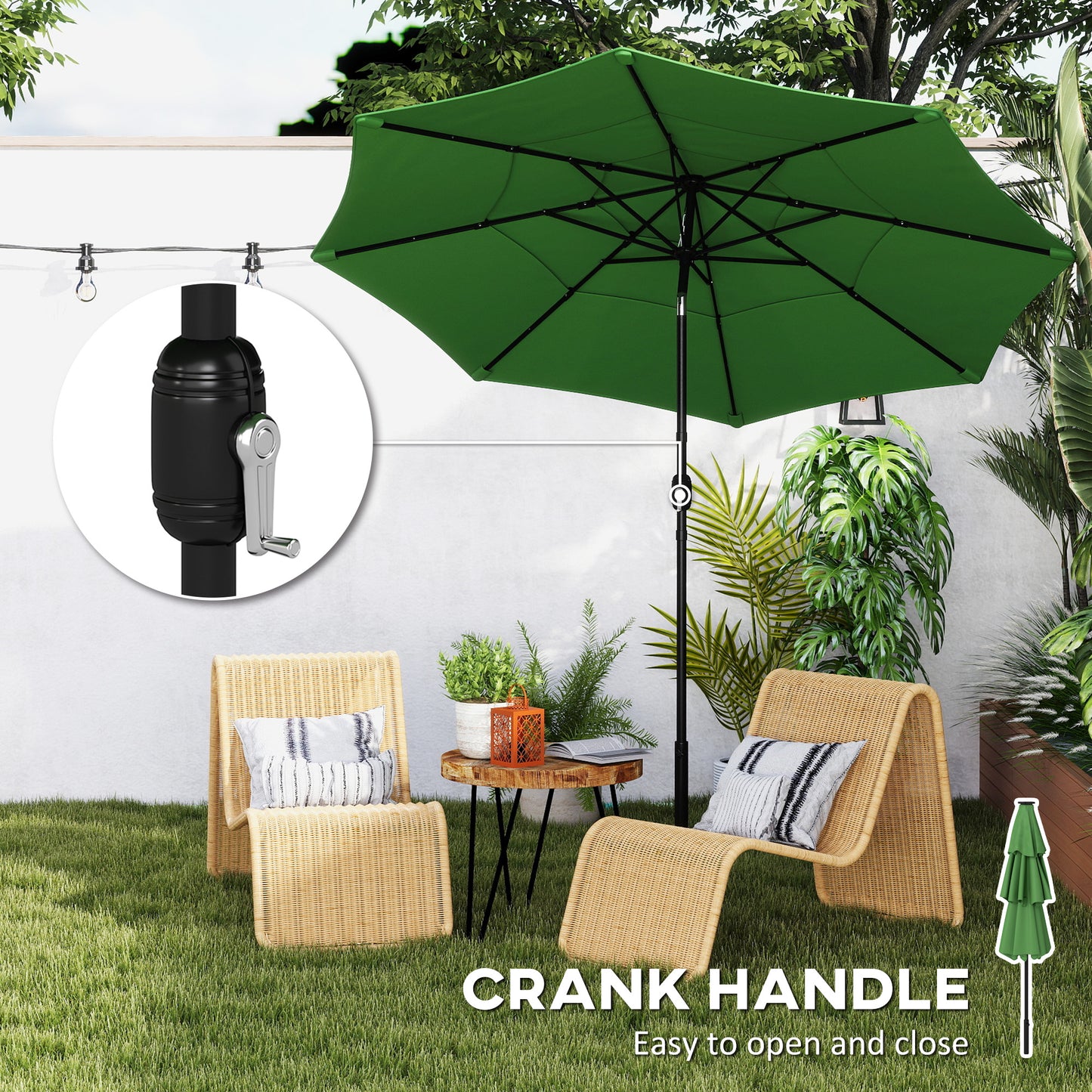 Outsunny Garden Parasol With 3 Tier Roof And Crank Handle Tilt Function Polyester Canopy In Green