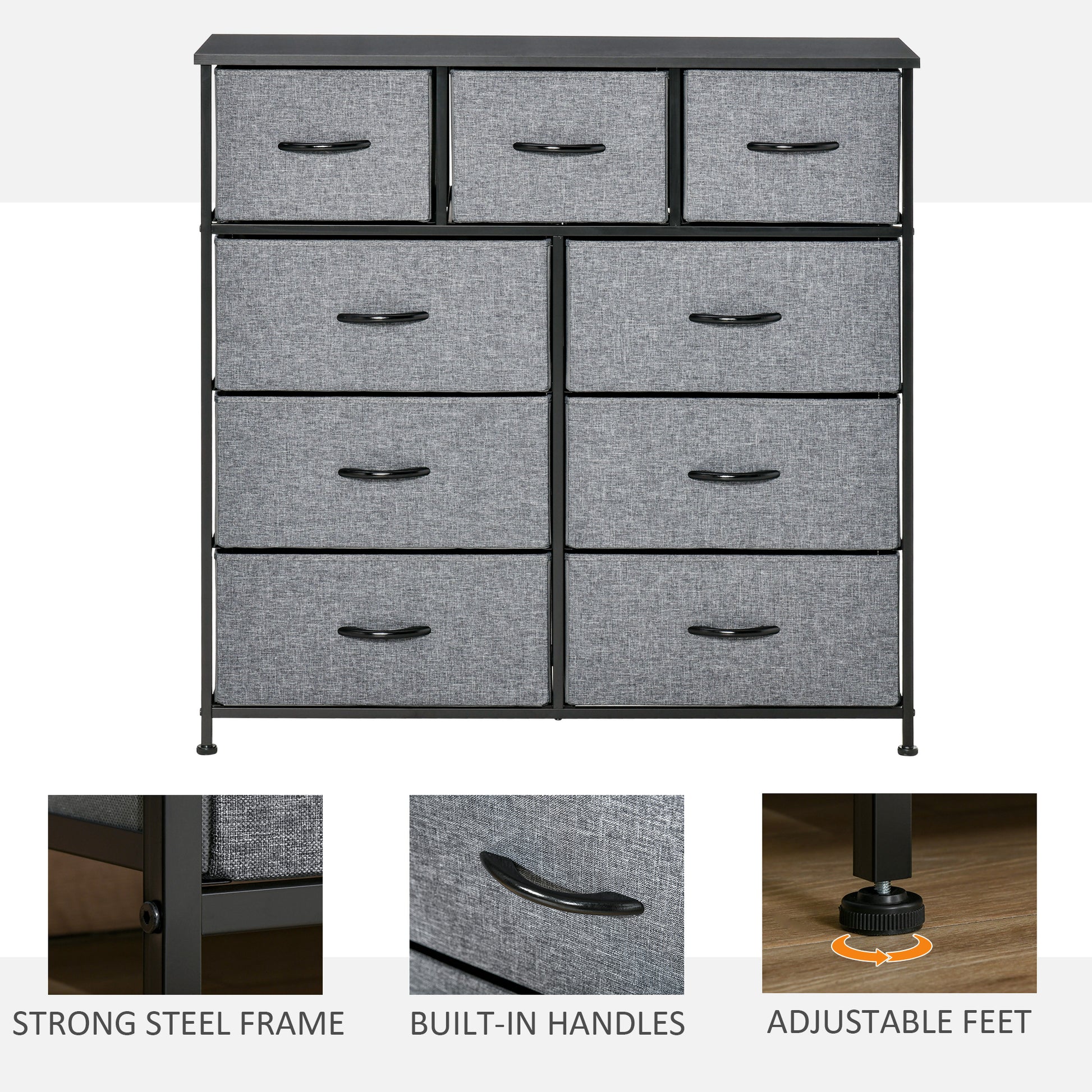 HOMCOM 9-Drawer Fabric Storage Chest with Easy-Pull Bins for Bedroom and Entryway - Black & Grey - ALL4U RETAILER LTD