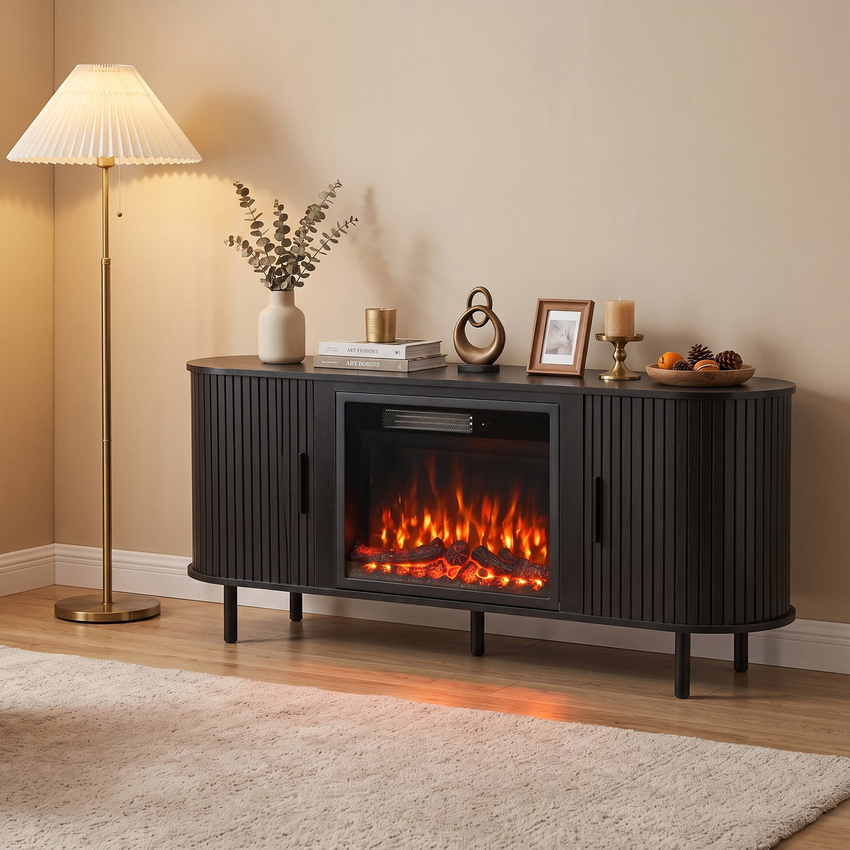 Modern heated TV stand with electric fireplace insert and two cabinet doors in dark finish