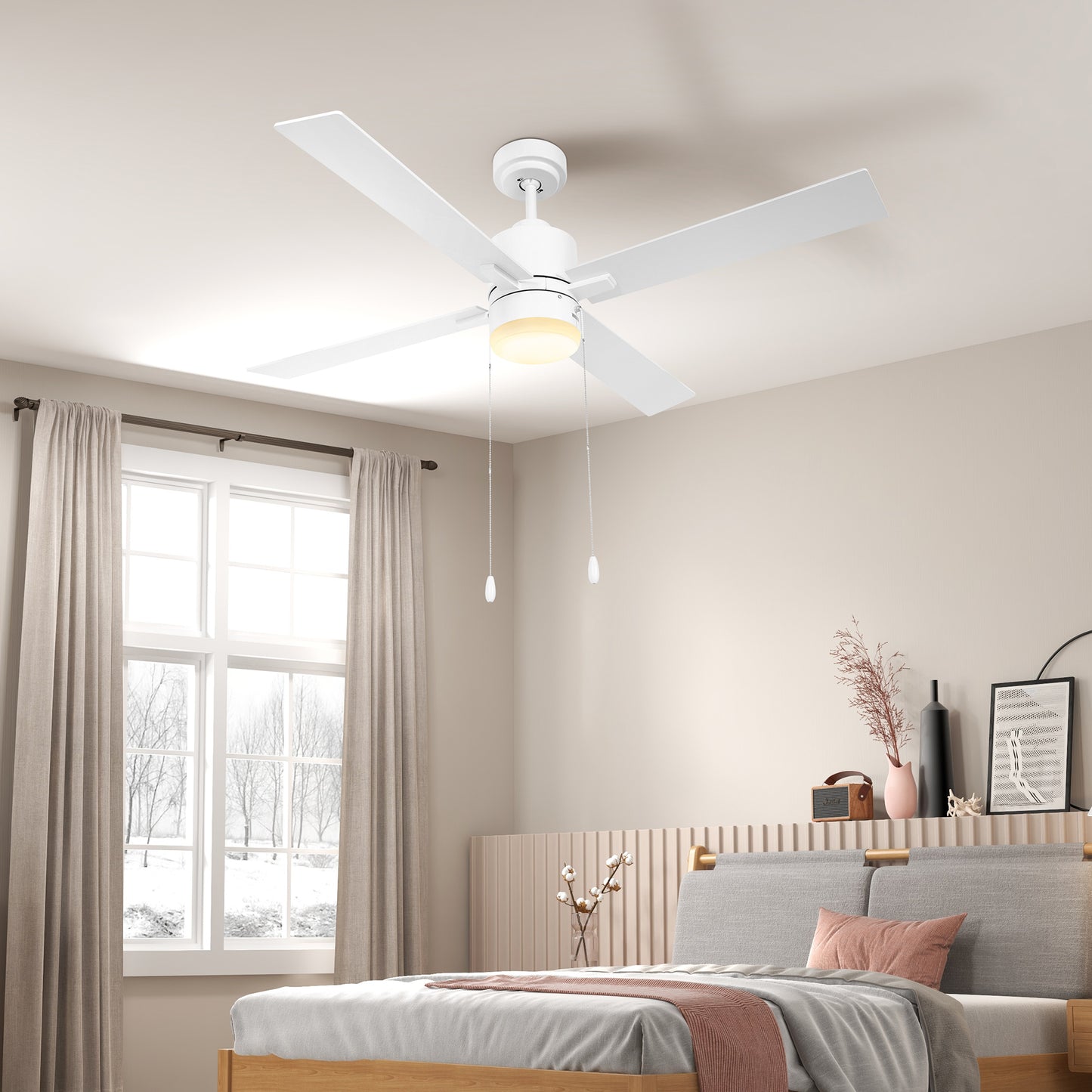 HOMCOM LED Ceiling Fan with Reversible Blades and Pull-Chain Control, White and Natural Tone Flush Mount Light Fixture - ALL4U RETAILER LTD