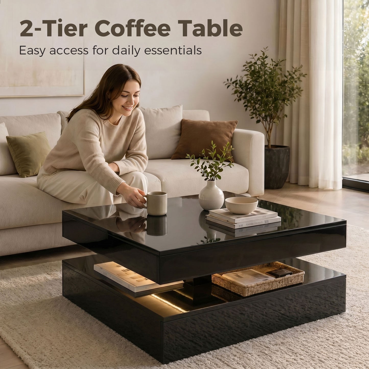 HOMCOM LED Coffee Table with Storage 2 Tier Modern Centre Table Open Shelf RGB LED Remote Lighting High Gloss Black