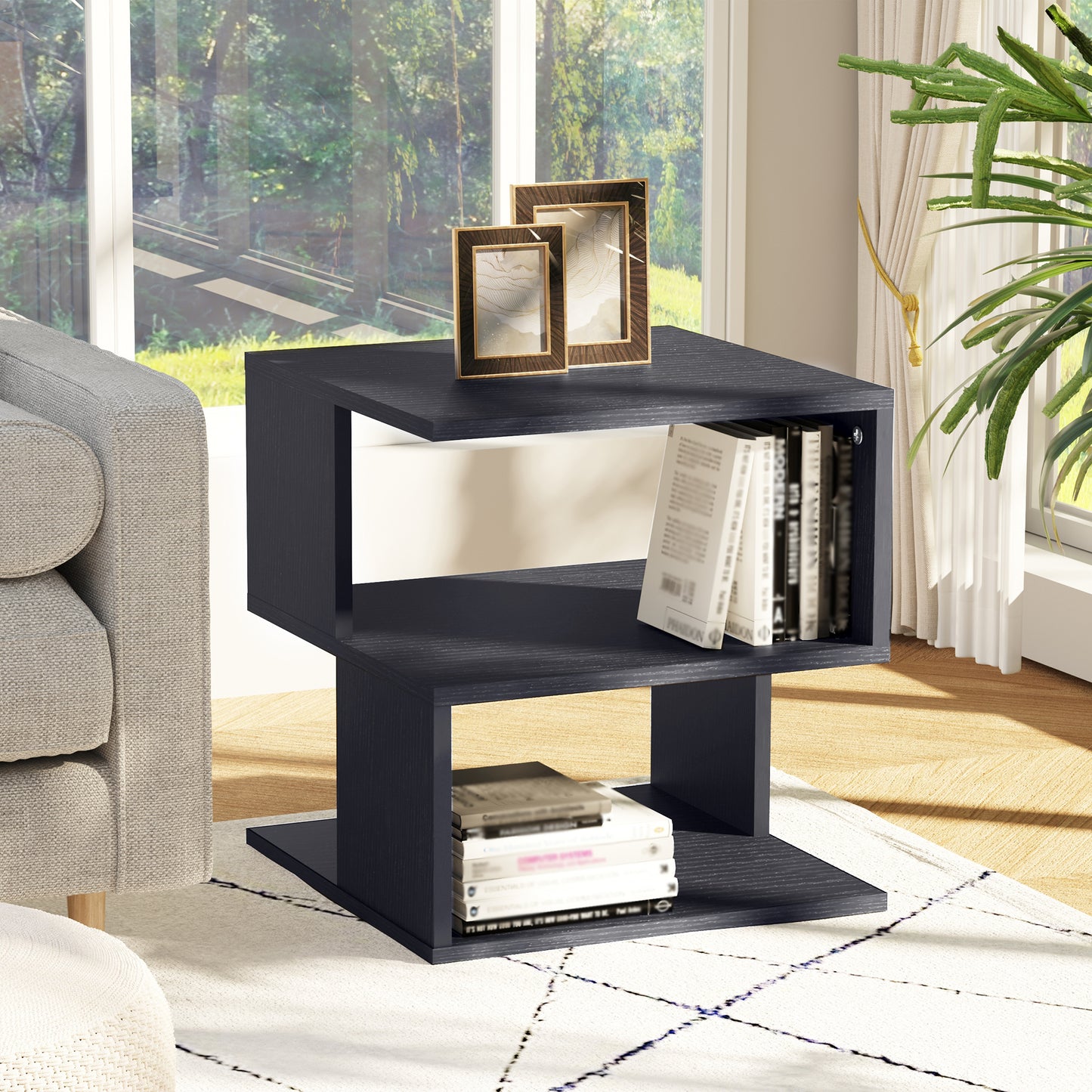 HOMCOM Set Of 2 Square Side Tables Modern End Tables With 2 Tier Storage Shelves Black