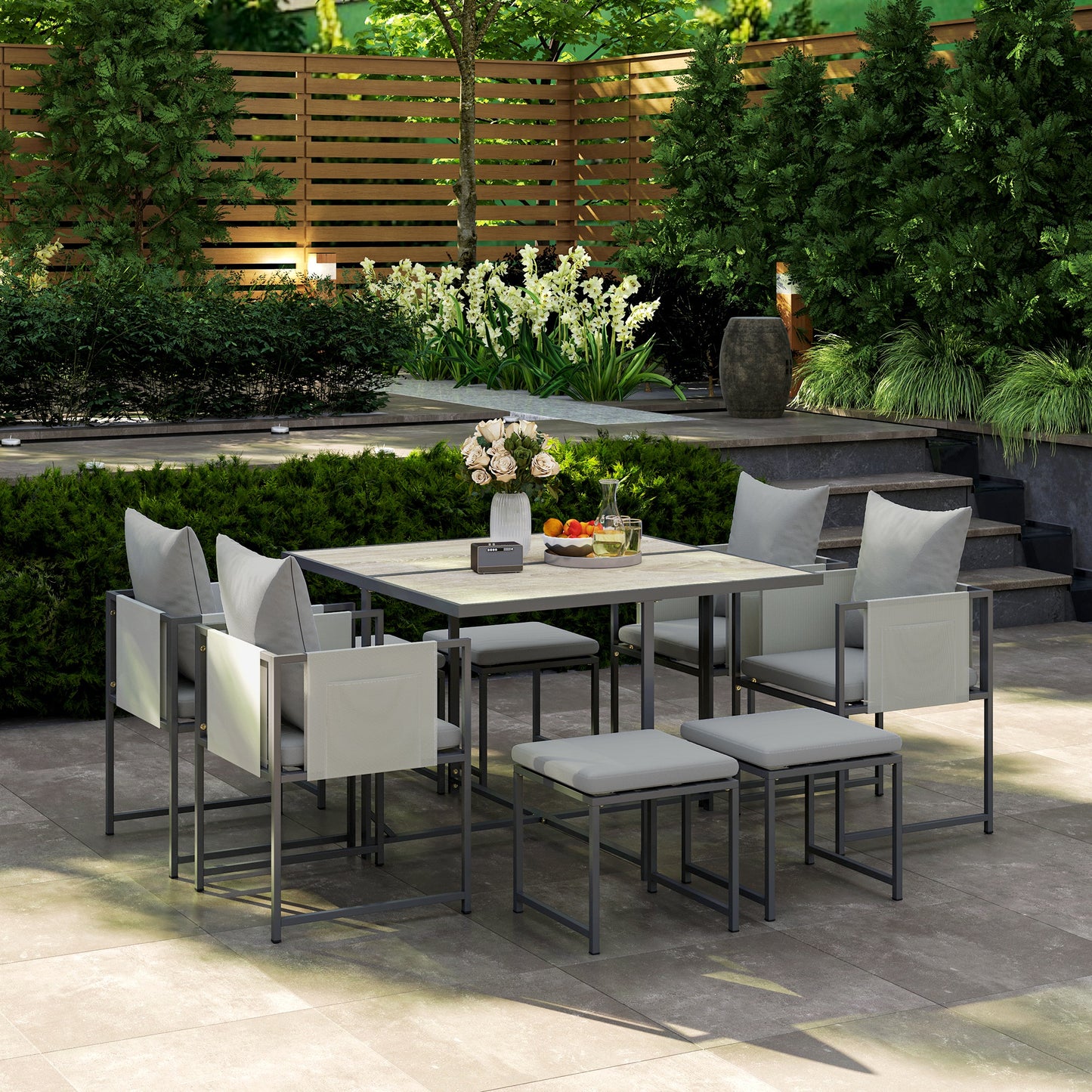 Outsunny Nine Piece Steel Frame Garden Dining Set With Cushions Grey Outdoor Furniture