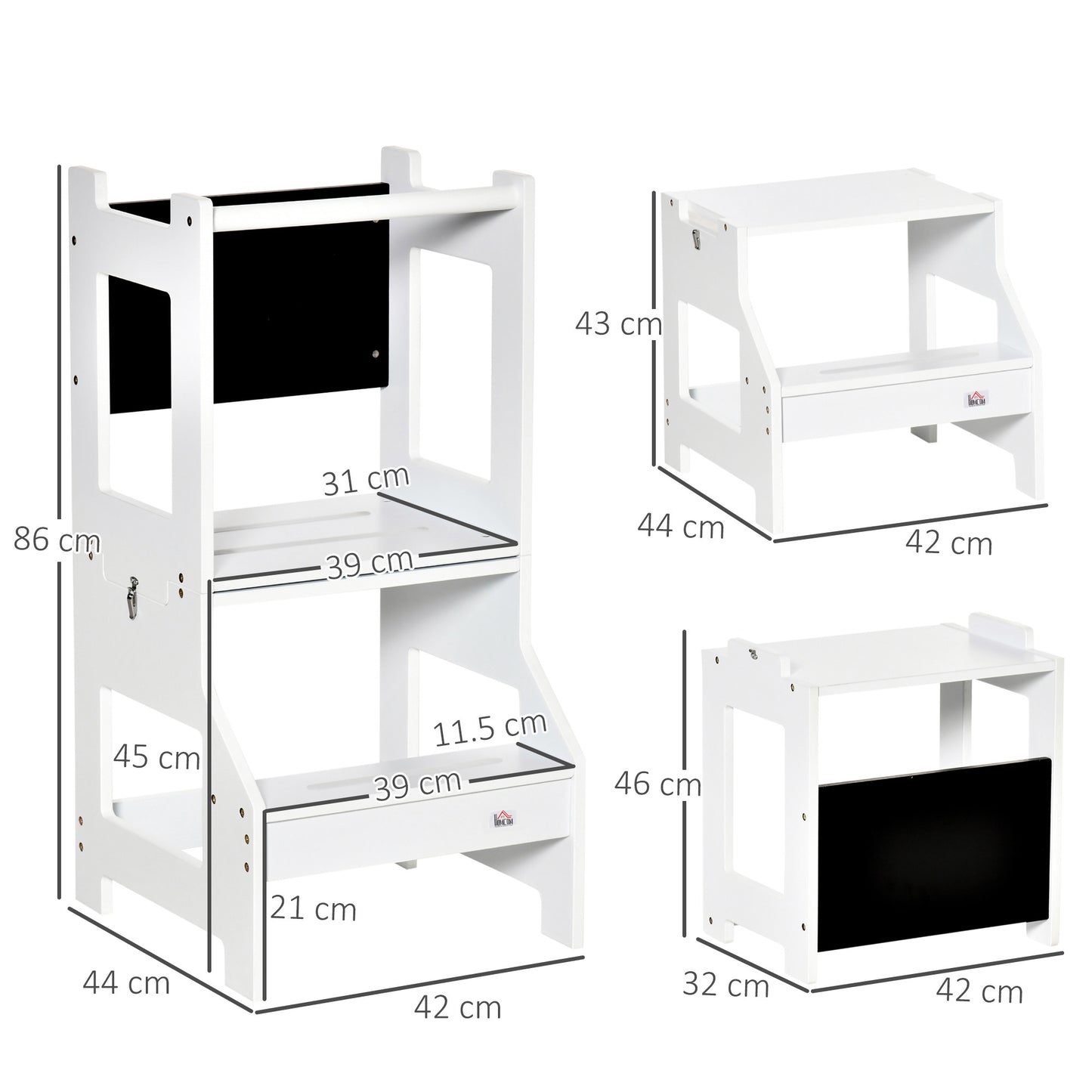 HOMCOM 2 In 1 Foldable Toddler Step Stool With Security Rail And Chalkboard For Kitchen And Bathroom White