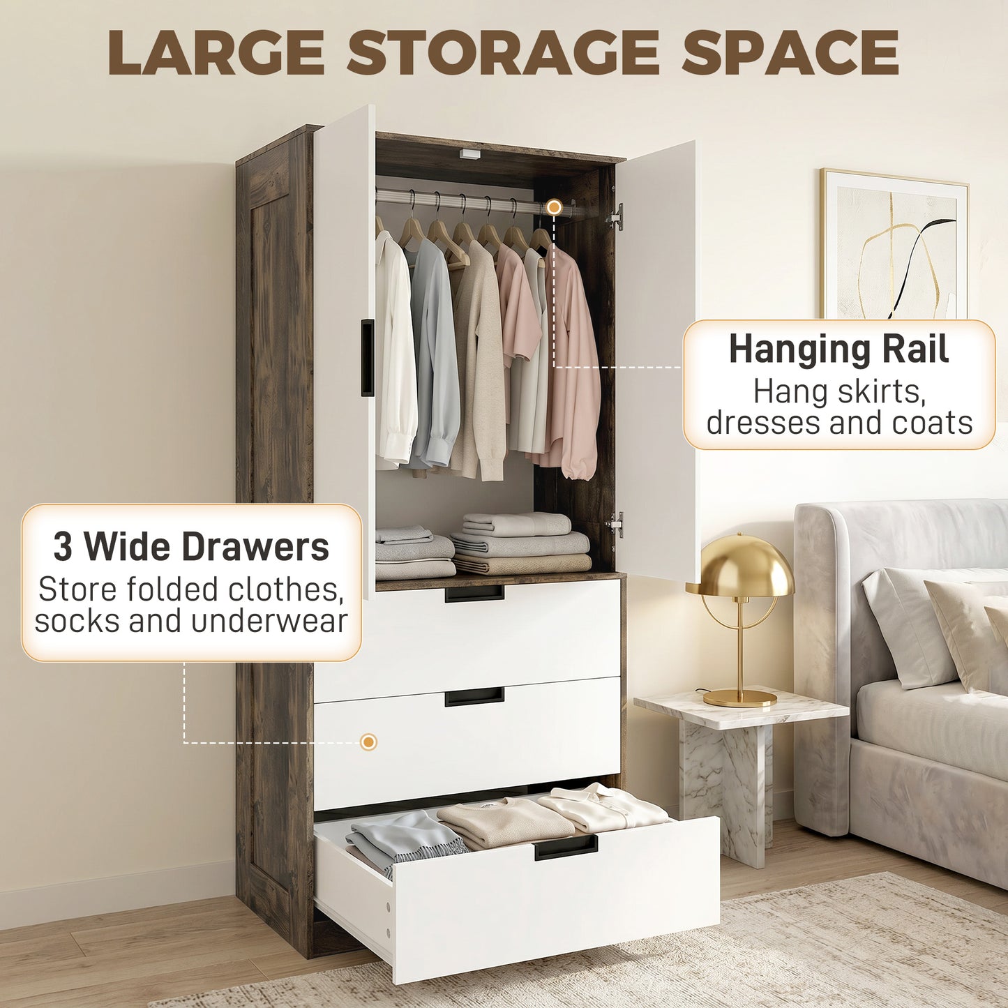 HOMCOM Modern Clothes Storage Cupboard With Hanging Rod 2 Doors 3 Drawers Rustic Brown And White Wardrobe