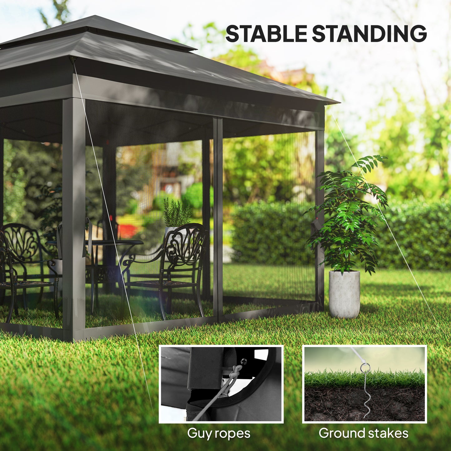 Outsunny 3m by 3m Pop Up Gazebo with Netting and Carry Bag Black Double Roof Garden Shelter for Parties