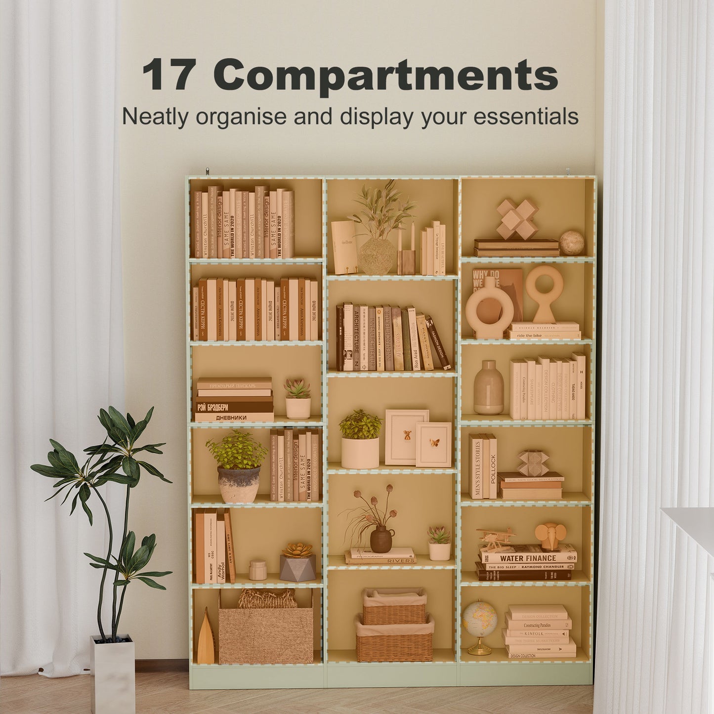 HOMCOM Six Tier Bookcase With Open Storage And Anti Tipping Hardware Adjustable Shelves In Light Green