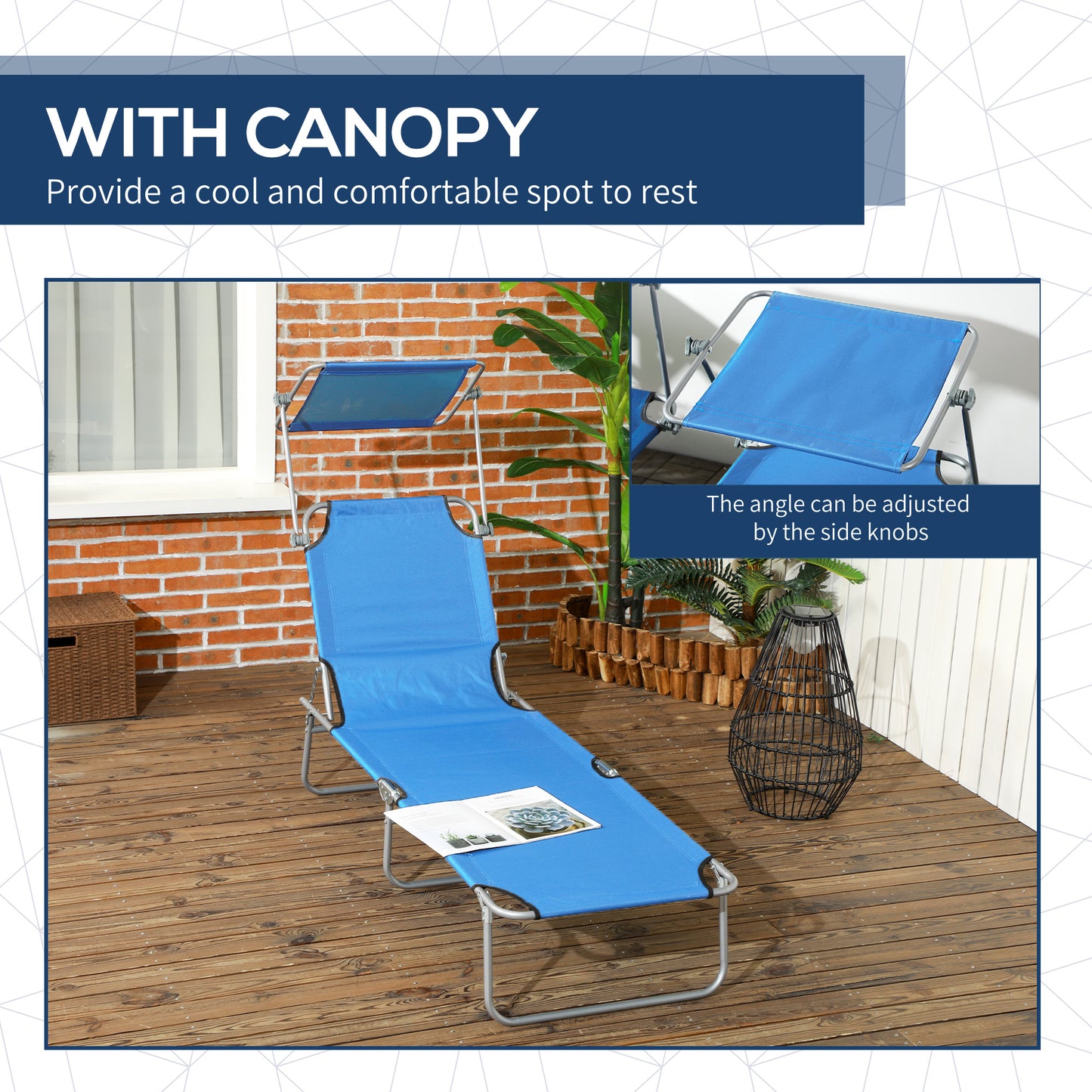 Outsunny Sun Lounger With Adjustable Face Canopy In Bright Blue For Sun Shade And Outdoor Comfort