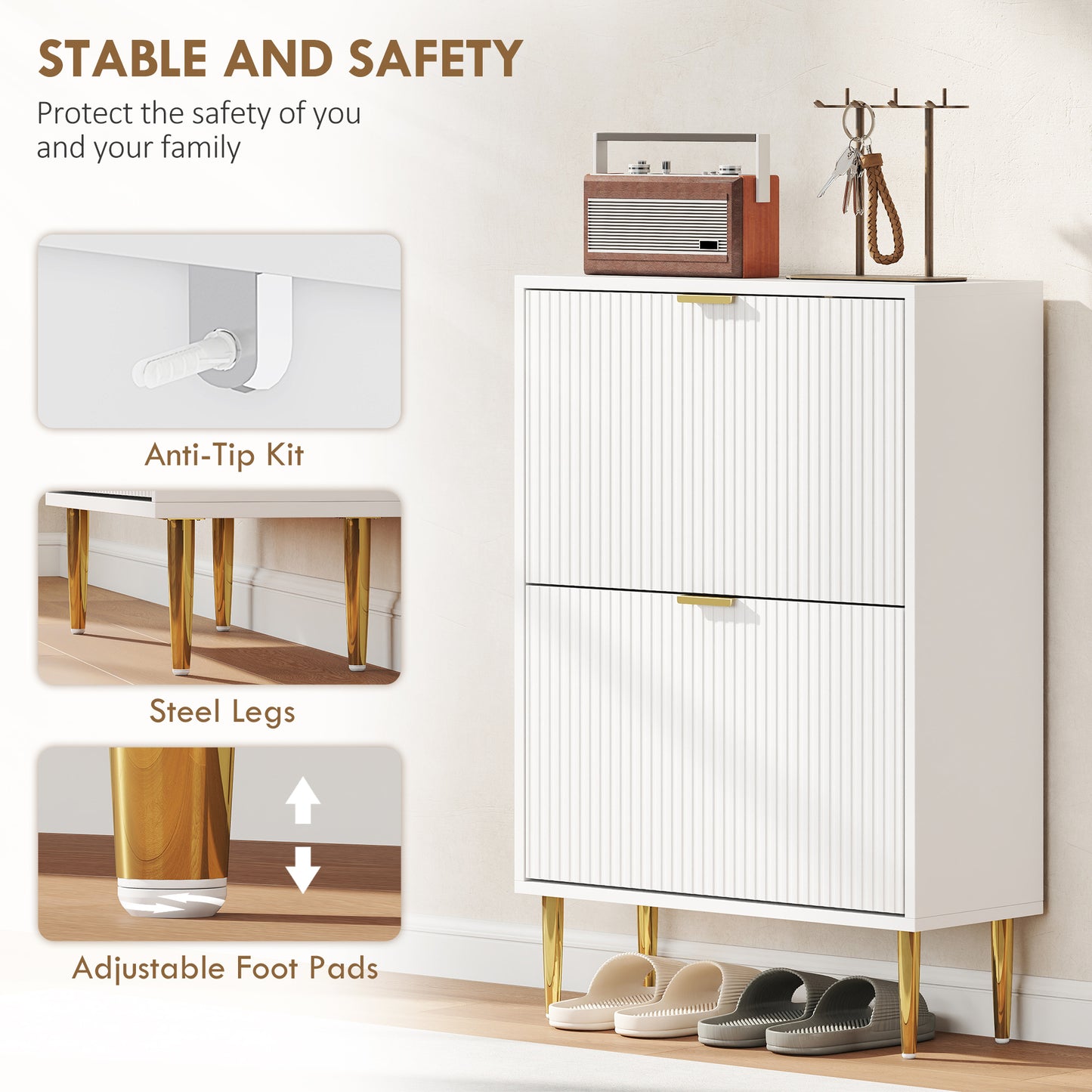 HOMCOM Elegant Two Drawer White Shoe Cabinet With Ridged Doors And Gold Accents Adjustable Shelves For 6 To 12 Pairs