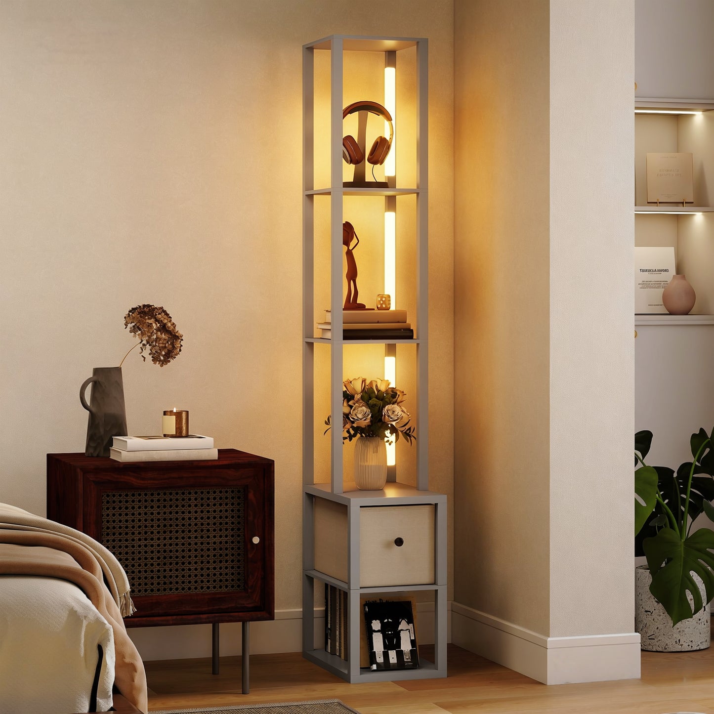 HOMCOM 3 In 1 Floor Lamp With Shelves And Fabric Drawer LED Column Modern Standing Lamp Adjustable Brightness Grey