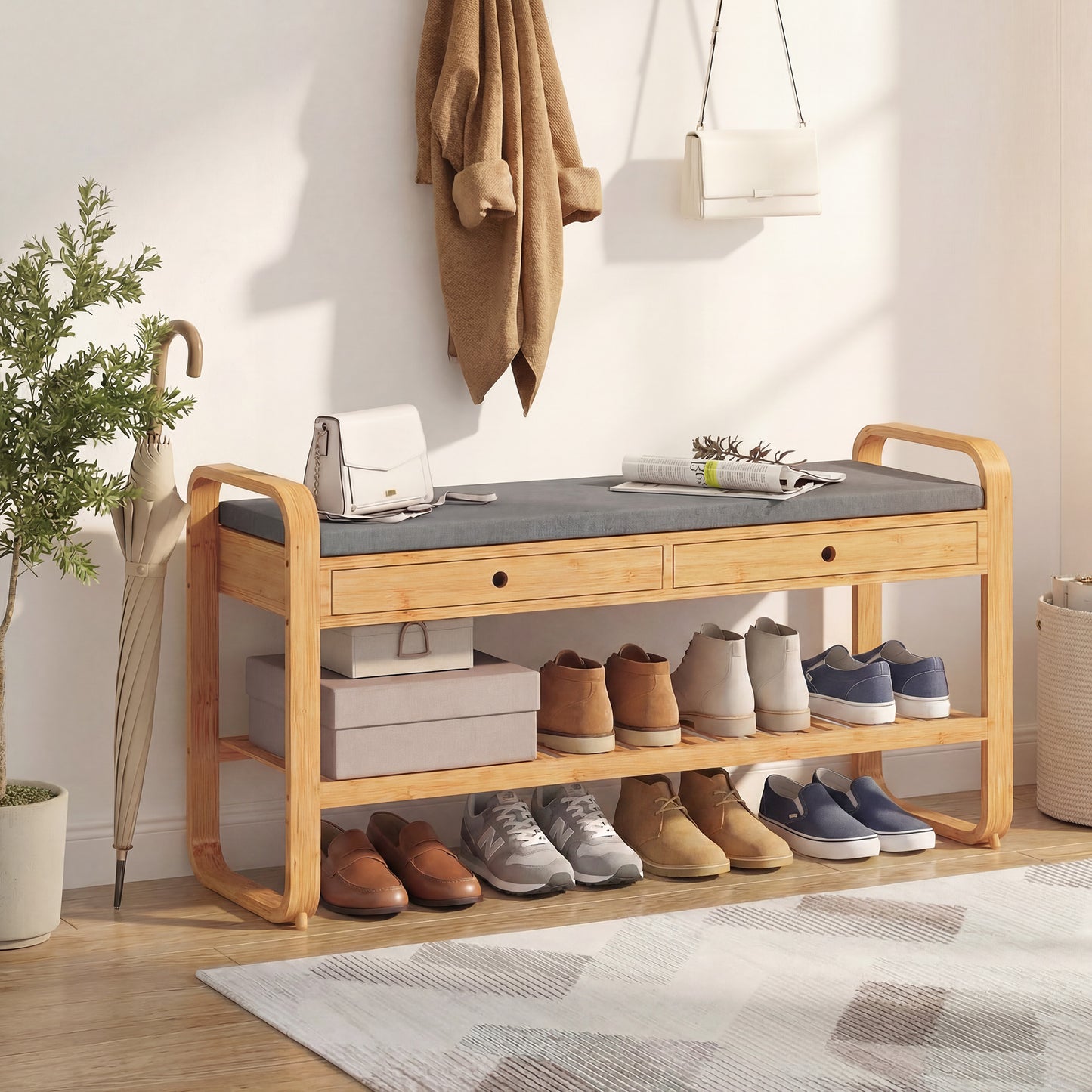 HOMCOM Shoe Bench With Cushioned Seat And Two Drawers 105 Cm Natural And Grey Hallway Storage