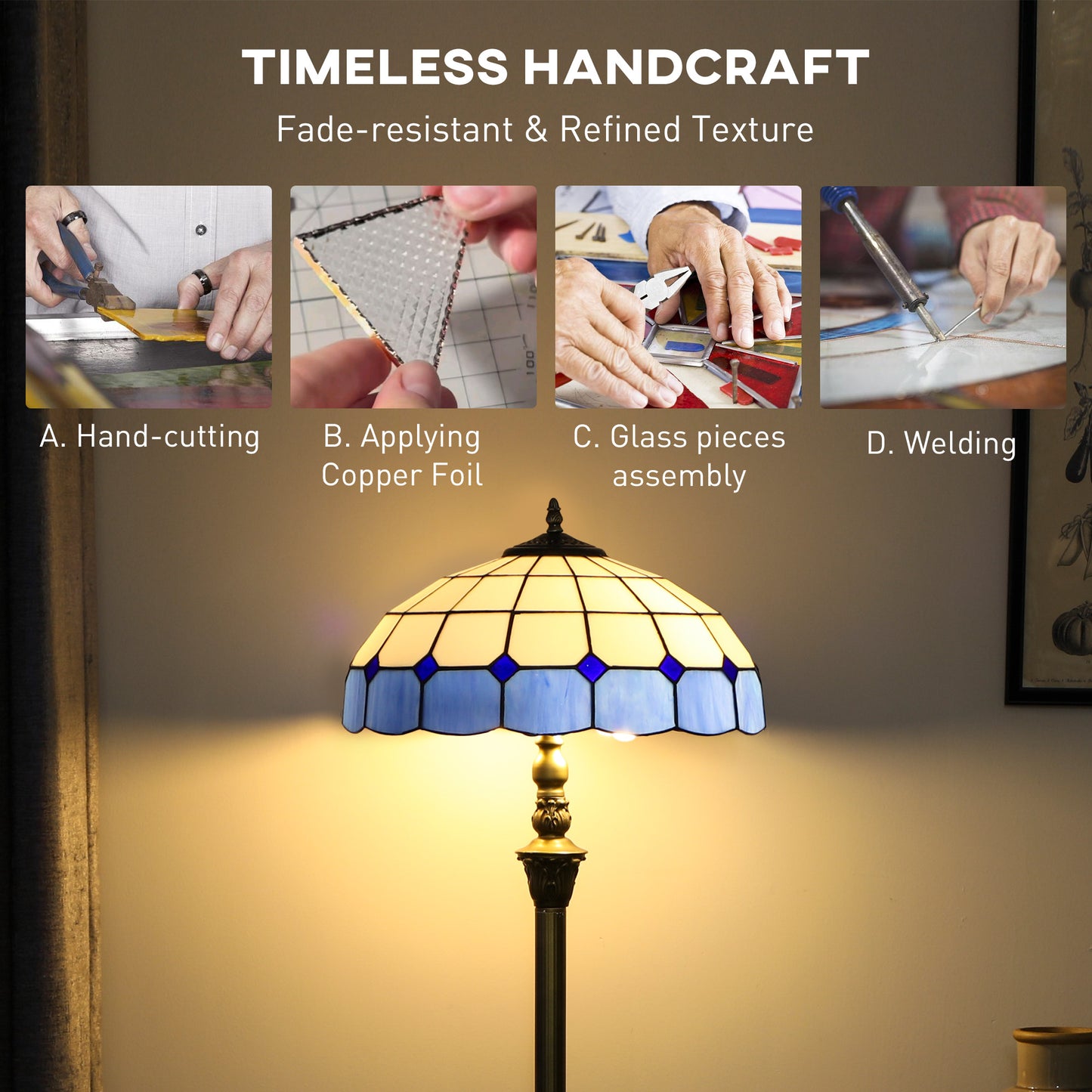 HOMCOM Tiffany Style Floor Lamp With Stained Glass Shade 152cm Tall Foot Switch Dual Sockets Bronze Blue Living Room