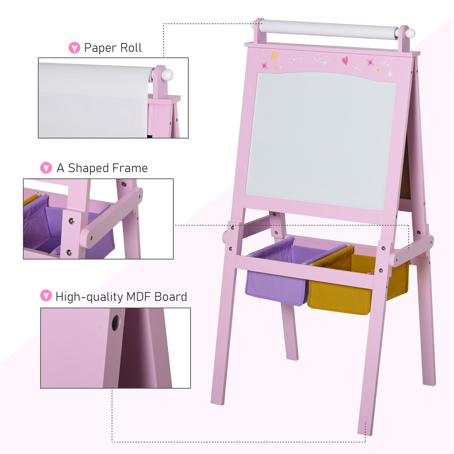 HOMCOM Kids 3 In 1 Wooden Art Easel With Paper Roll Chalkboard Whiteboard Storage Baskets Pink