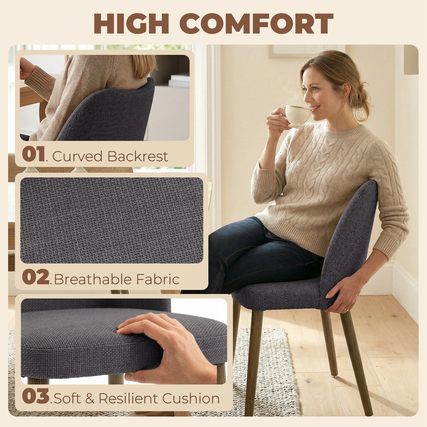 HOMCOM Dining Chairs Set Of 2 Linen Upholstered Kitchen Chairs Padded Seat Curved Backrest Rubberwood Legs Grey