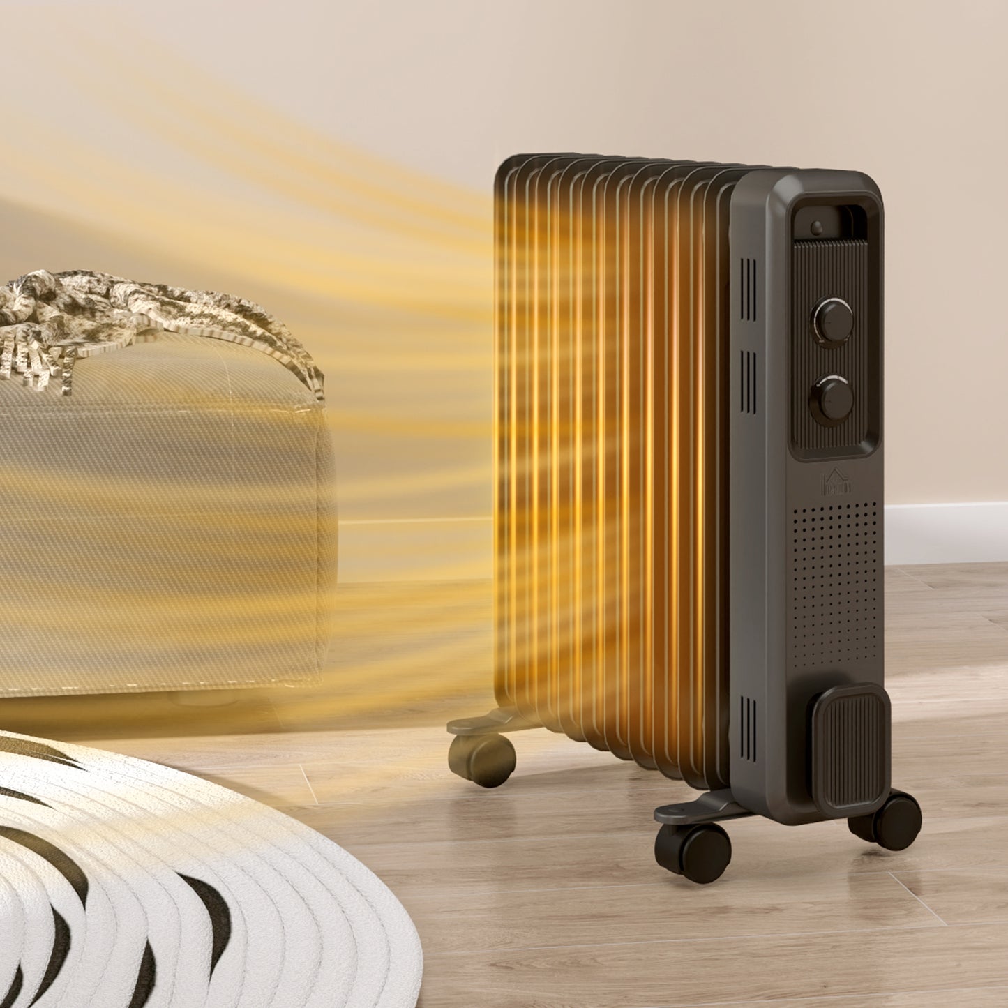 HOMCOM 2500W Oil Filled Radiator With 11 Fin Portable Electric Heater 3 Heat Settings Safety Cut Off And Wheels Grey