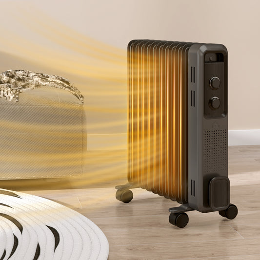 Grey oil-filled radiator with 11 fins, side control panel, on rolling casters