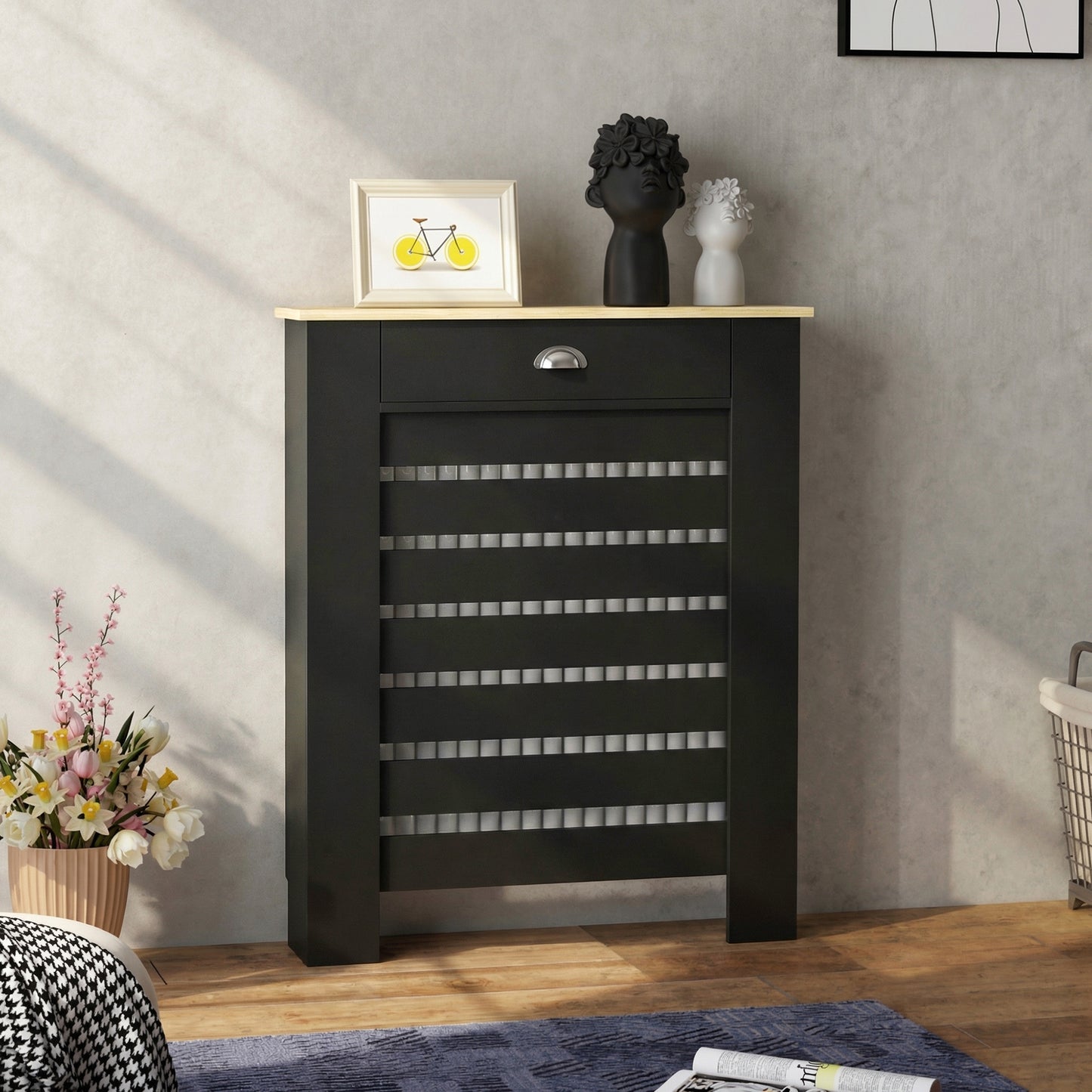HOMCOM Black Radiator Cover With Drawer 95.5H x 78W cm Slim Slatted Cabinet Heat Shield