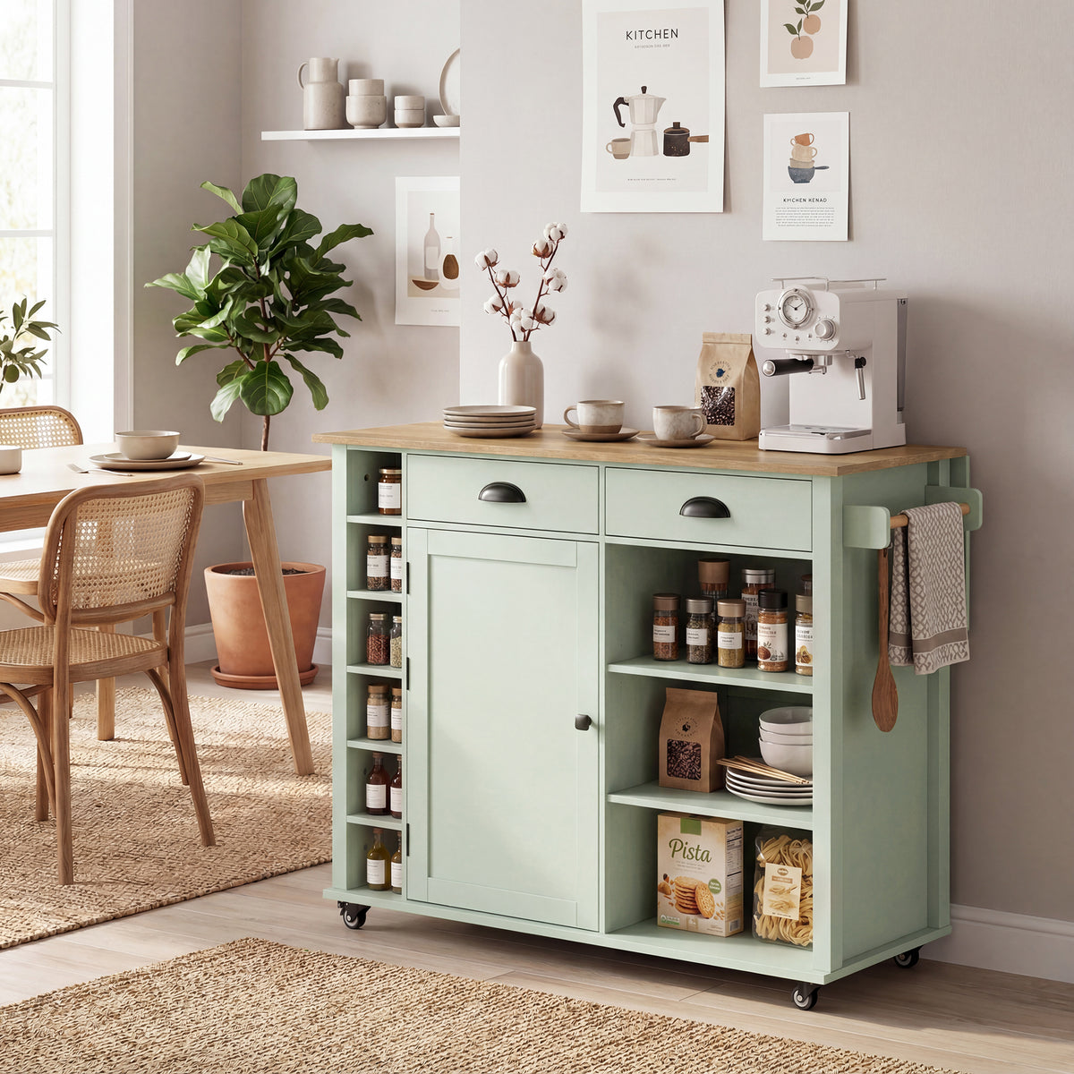Light green kitchen island on wheels with cabinet doors, open shelves, and drawers