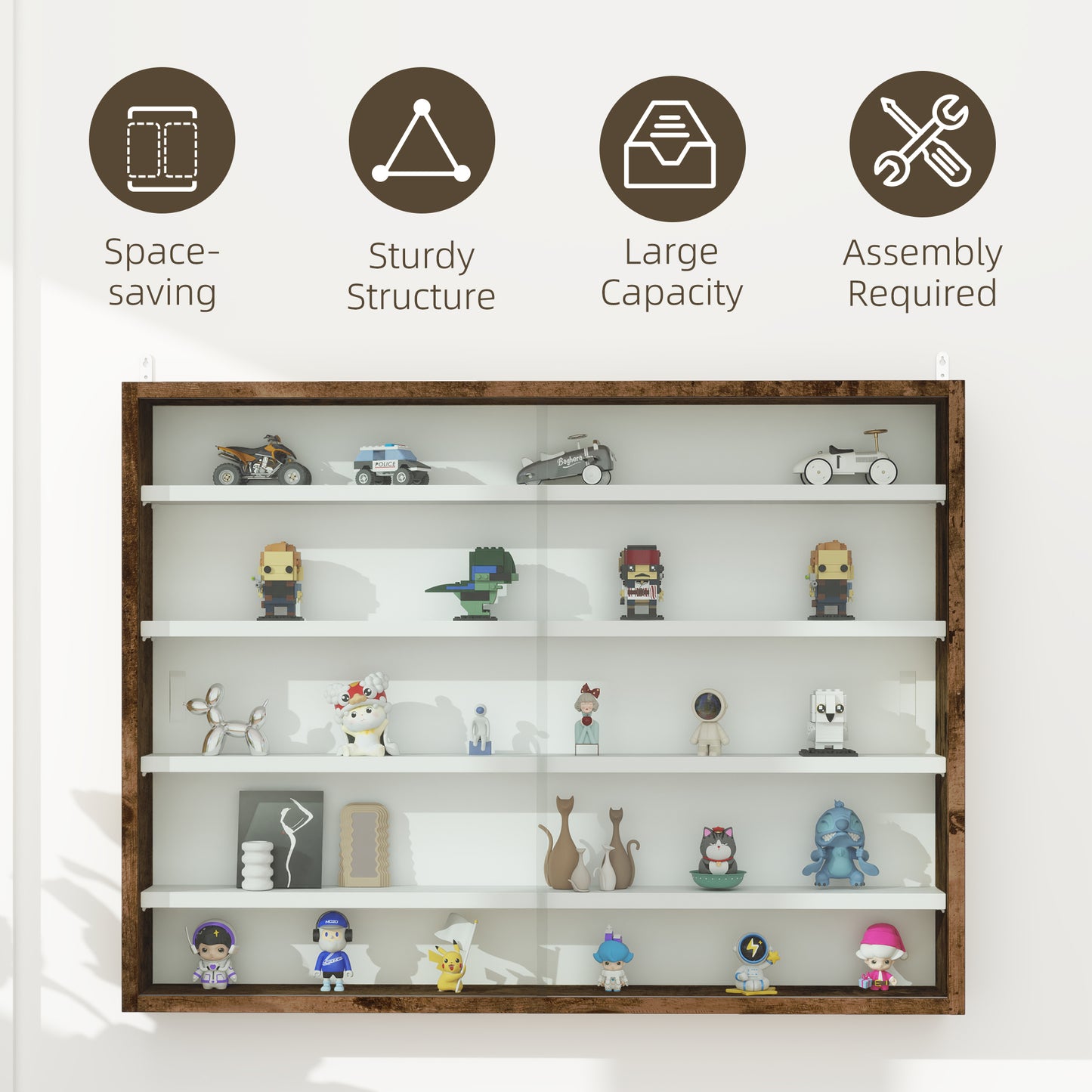 HOMCOM 5 Tier Wall Display Cabinet With Glass Doors 60x80cm Rustic Brown And Four Adjustable Shelves