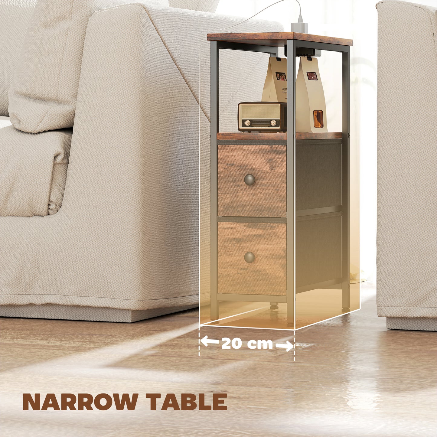 HOMCOM Narrow Bedside Table With Charging Station, 2 Drawers, AC Outlet, 2 USB Ports