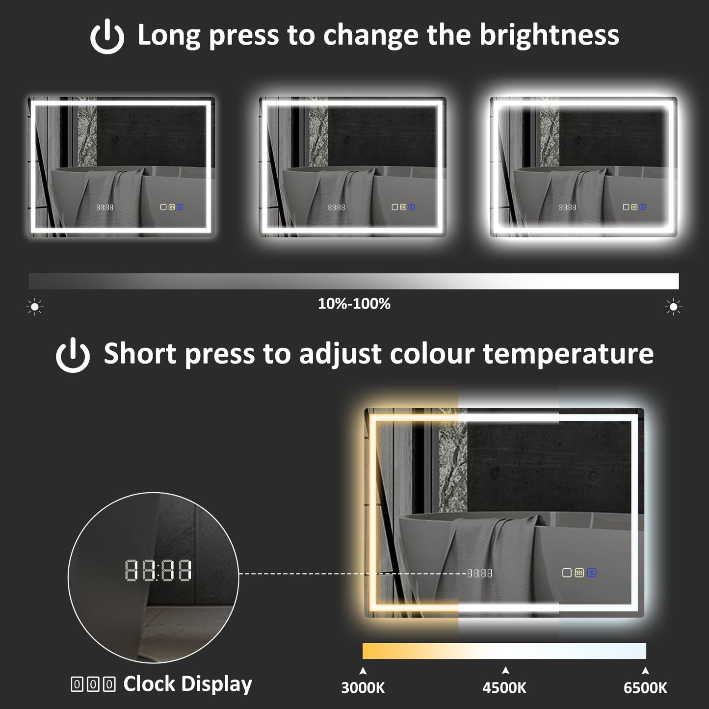 HOMCOM 60 X 80 CM Anti Fog LED Bathroom Mirror With Bluetooth Speaker And Clock Silver Tone