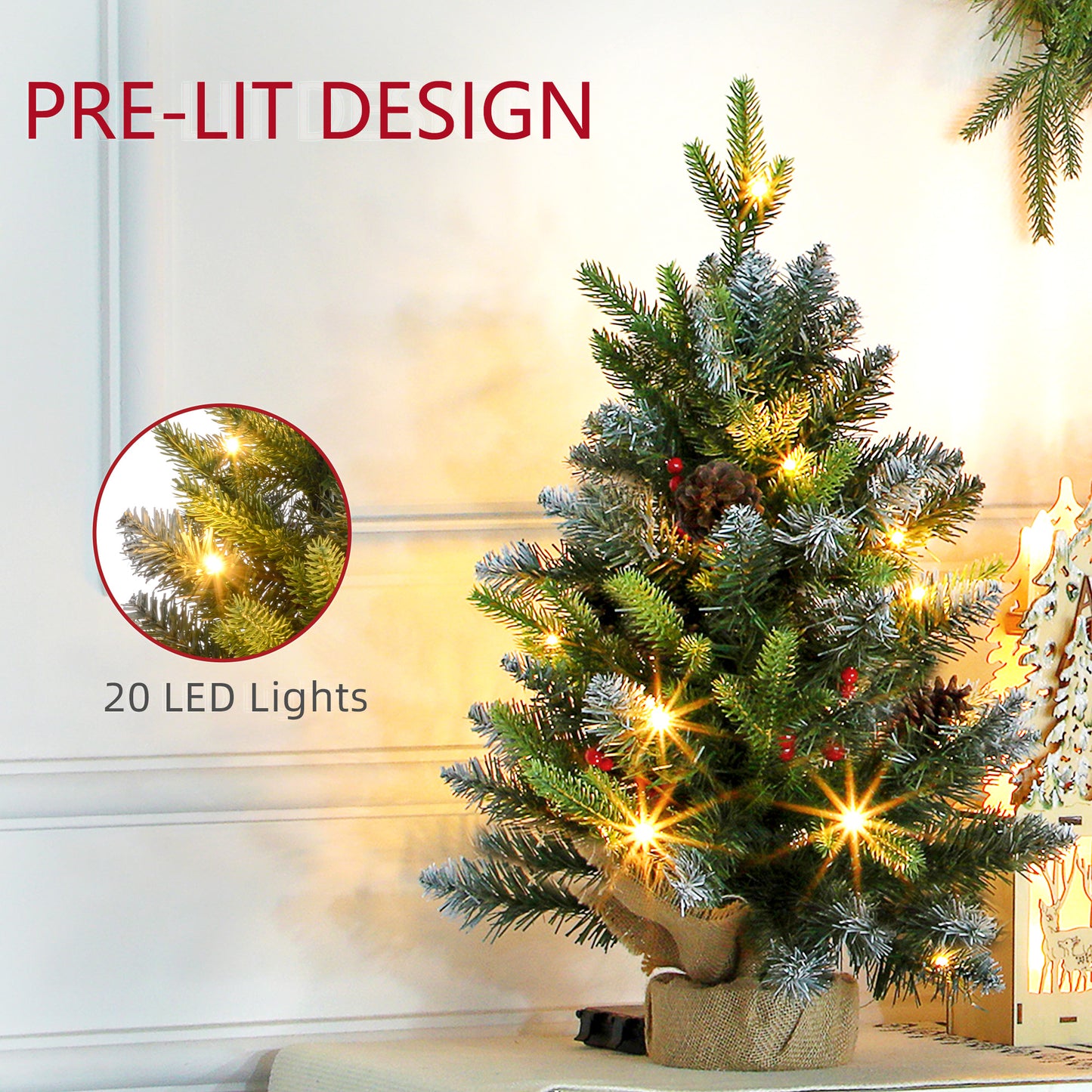 HOMCOM Set of 2 Prelit 2ft Tabletop Christmas Trees with LED Lights, Pine Cones, and Berries - Indoor Holiday Decor - ALL4U RETAILER LTD