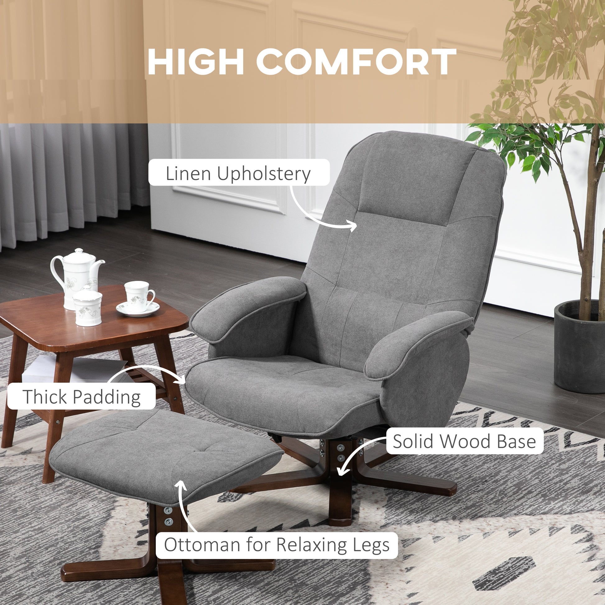 HOMCOM Grey Linen Recliner Chair and Ottoman Set with 360° Swivel and Wooden Base for Living Room Comfort - ALL4U RETAILER LTD