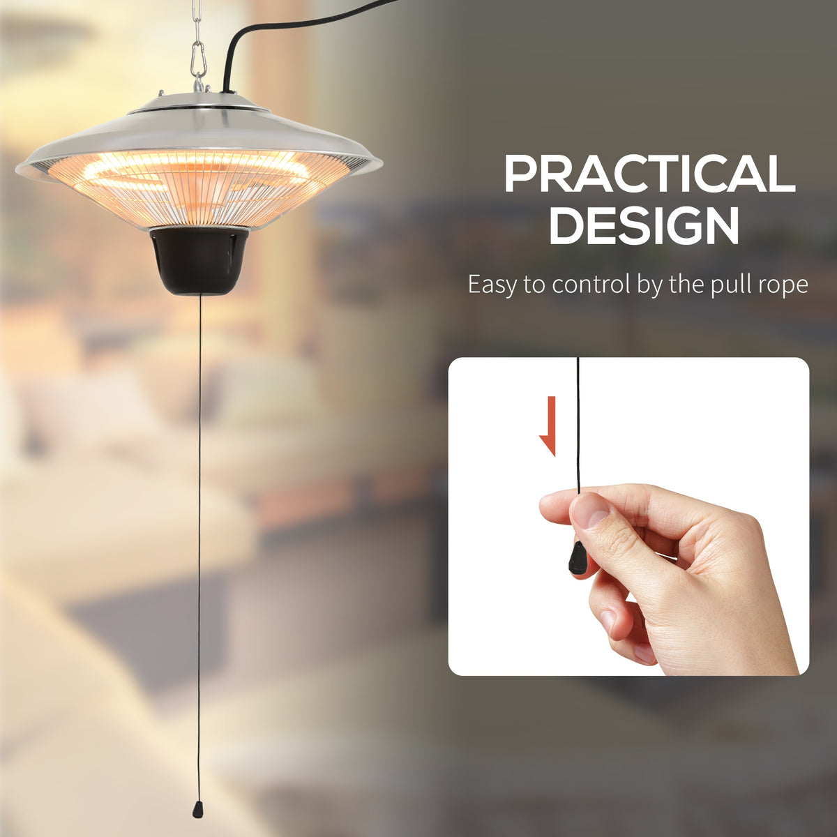 Ceiling halogen heater with pull-rope control and hanging chain with bulb guard