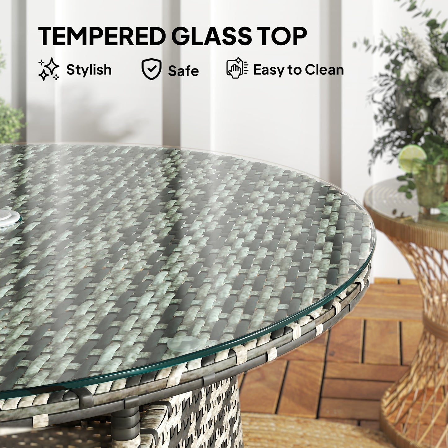 Outsunny Wicker Garden Rattan Outdoor Coffee Table With Umbrella Hole And Tempered Glass Top Grey