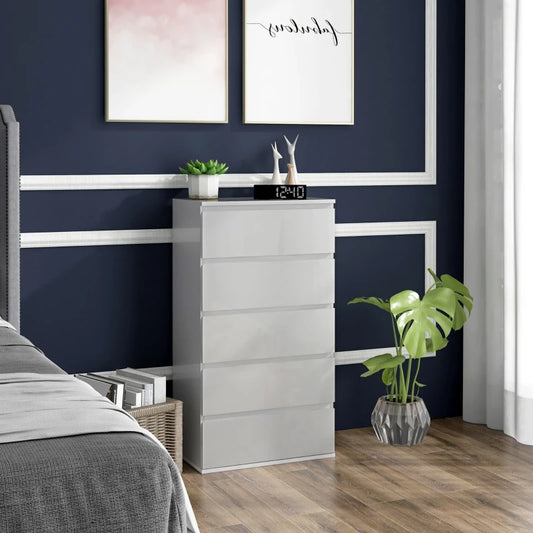 HOMCOM High Gloss 5-Drawer Chest of Drawers: Modern Dresser and Storage Unit for Bedroom Organization