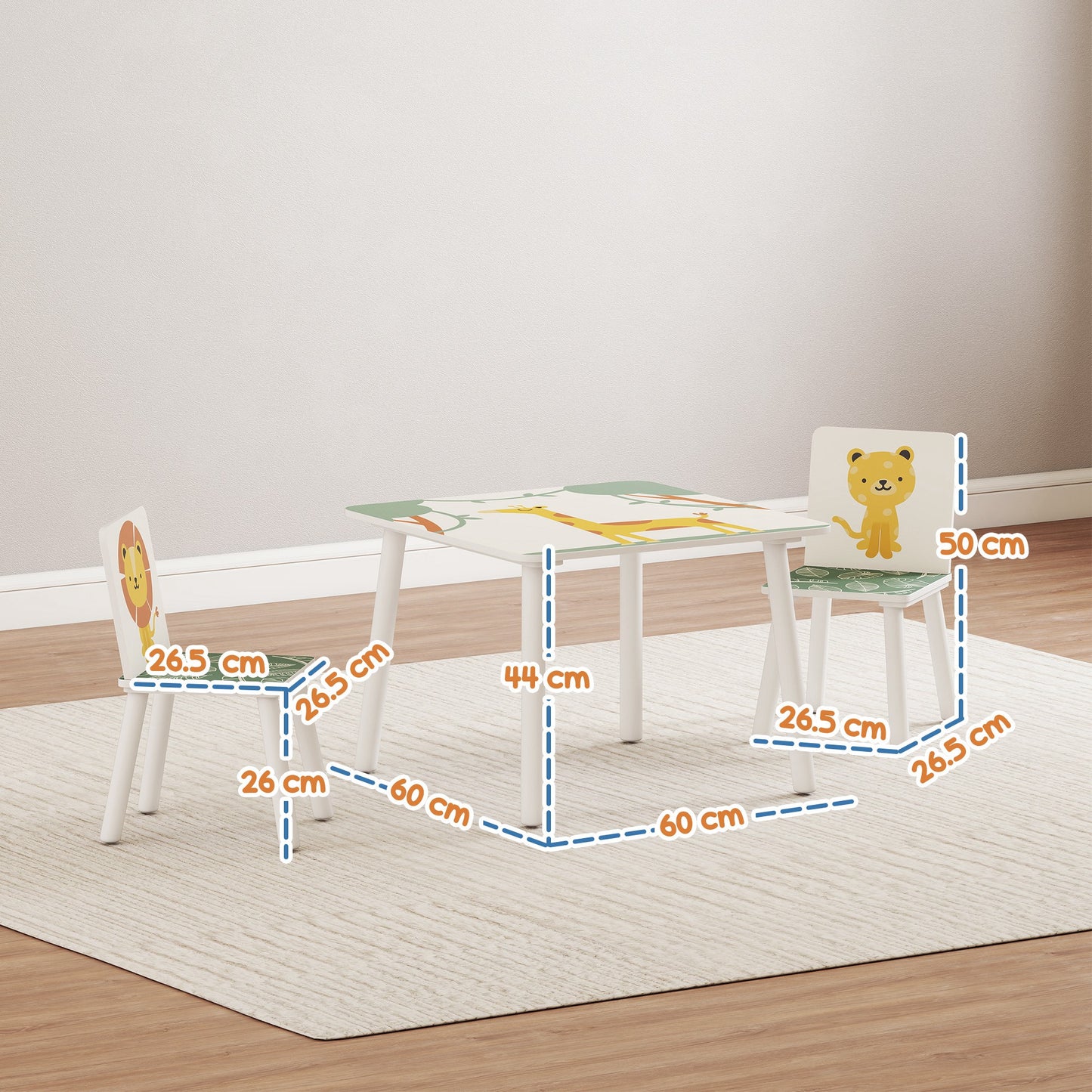 AIYAPLAY 3 Piece Toddler Table and Chair Set with 2 Chairs Green Animal Print Safe Edges for Playroom