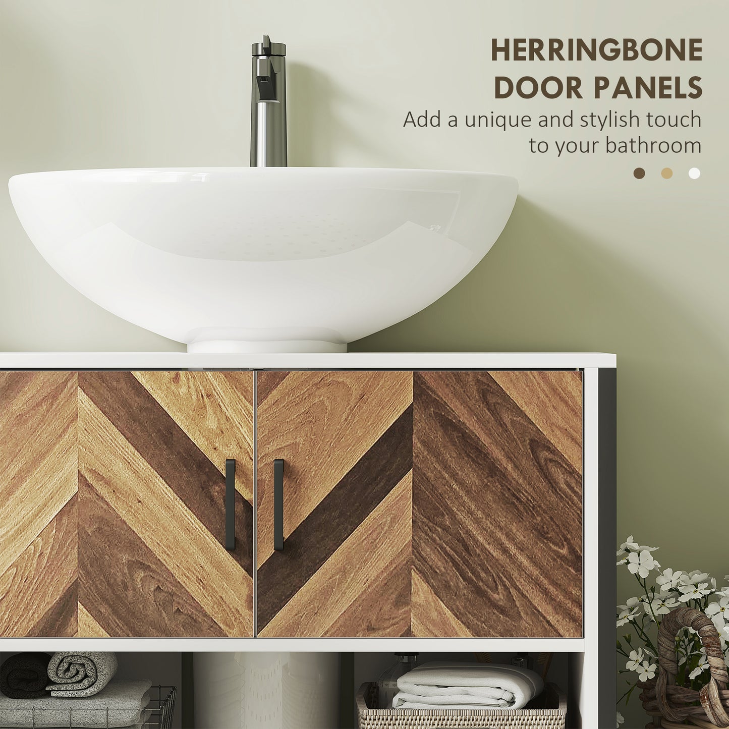 HOMCOM Rustic Under Sink Cabinet With Herringbone Doors Open Compartment For Basin Cream White 80x40x60cm