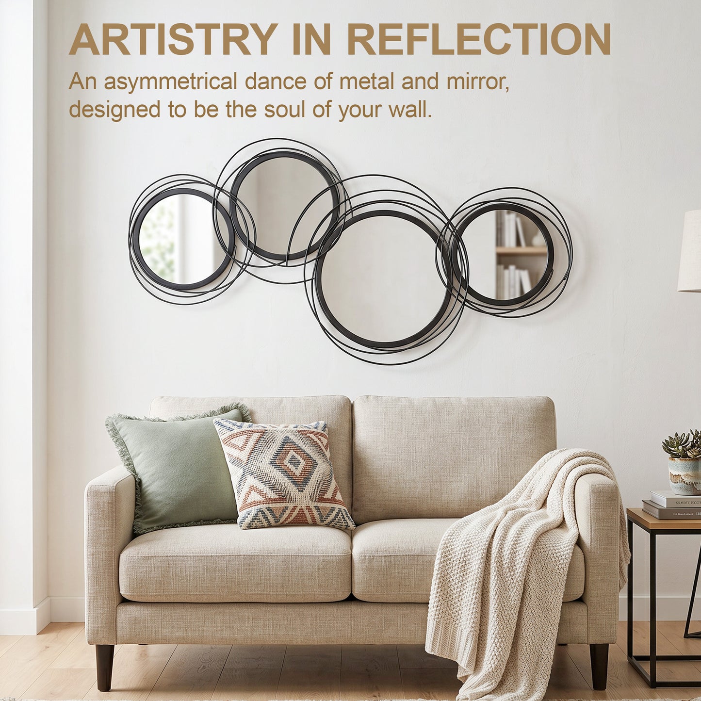 HOMCOM Metal Wall Art 56cm Four Mirror Panels Modern Decorative Wall Decor Black Finish Living Room Dining Room
