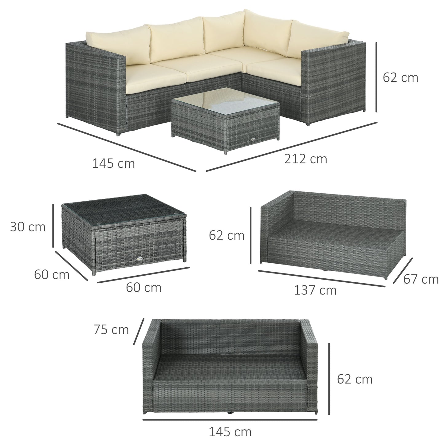 Outsunny 4-Seater Rattan Patio Sofa Set with Coffee Table and Thick Cushions - Beige - ALL4U RETAILER LTD