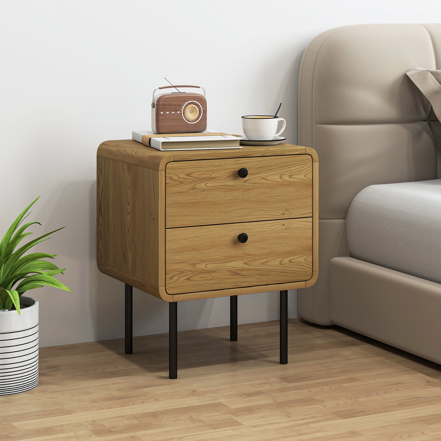 HOMCOM Bedside Table With 2 Drawers And Durable Steel Legs In Oak Finish For Modern Bedroom Storage And Organization