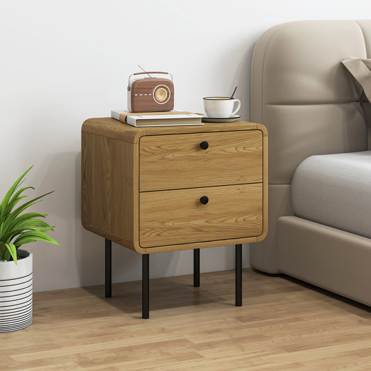 HOMCOM Bedside Table With 2 Drawers And Durable Steel Legs In Oak Finish For Modern Bedroom Storage And Organization