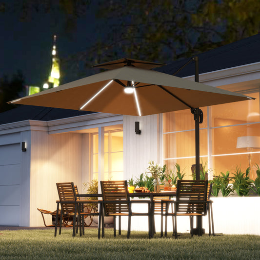 Outsunny 2.5m Cantilever Parasol With Solar Powered LED Lights 360 Degree Rotation Tilt Adjustment Crank Khaki