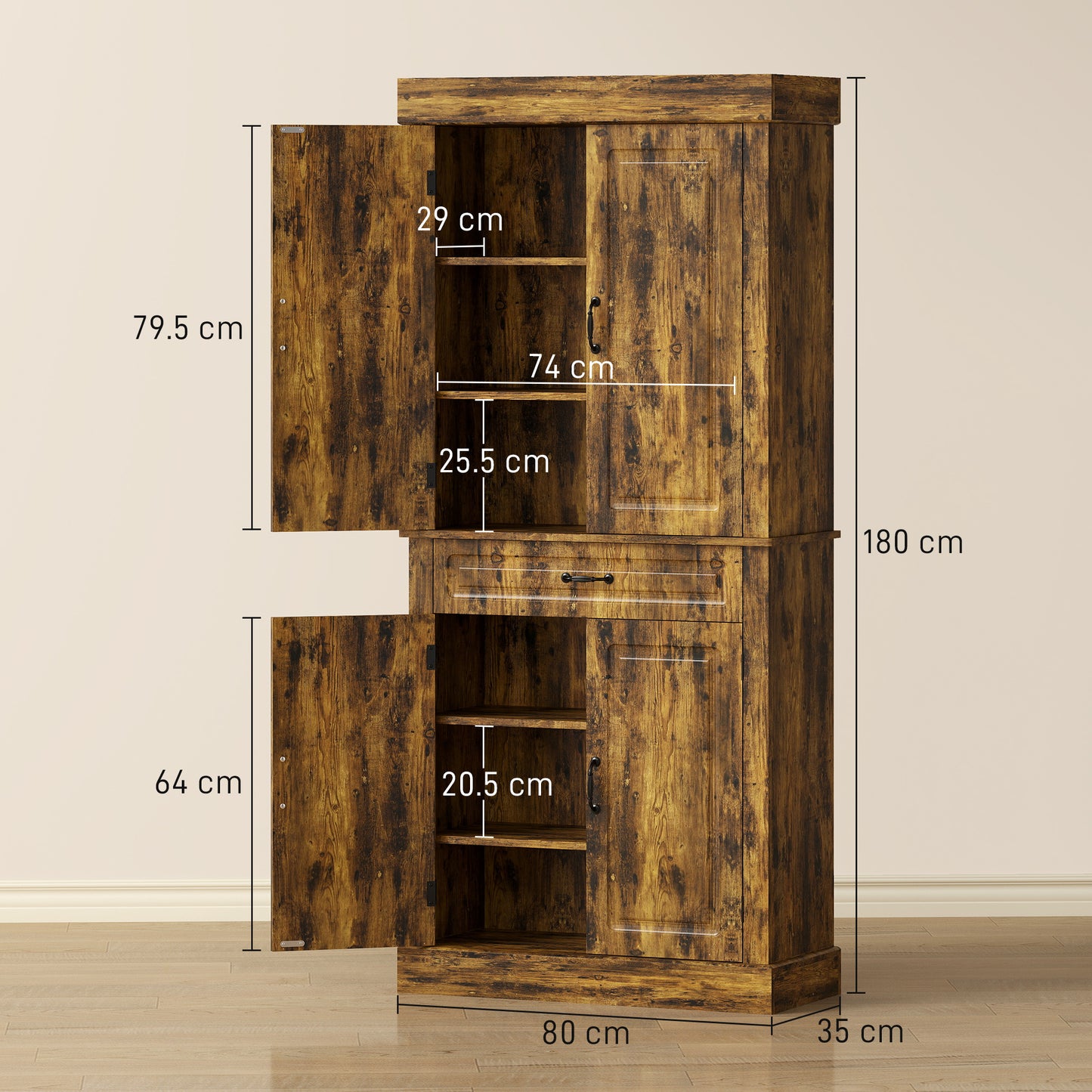 HOMCOM Tall Kitchen Cupboard Pantry Cabinet With Drawer And Shelves In Brown For Small Spaces