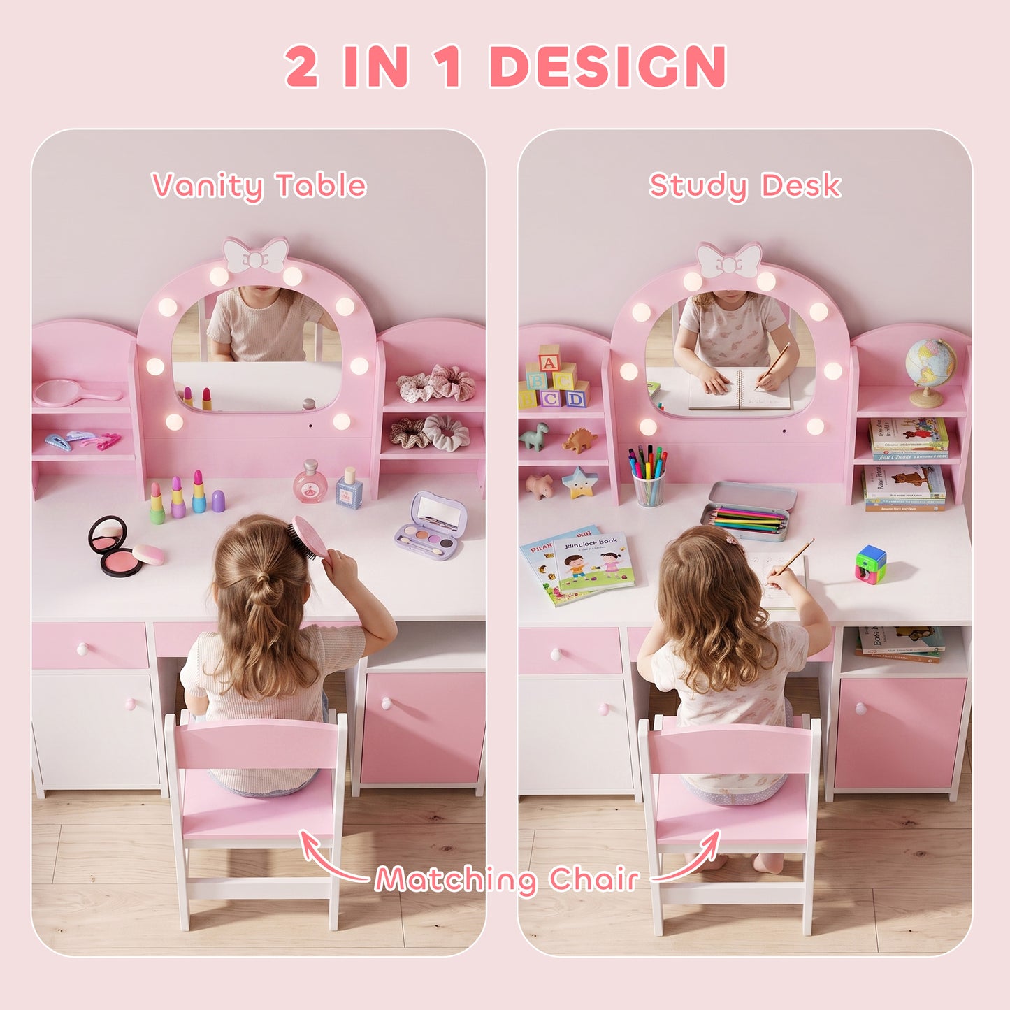 AIYAPLAY Kids Vanity Set Pink With Lighted Mirror And Storage Stool